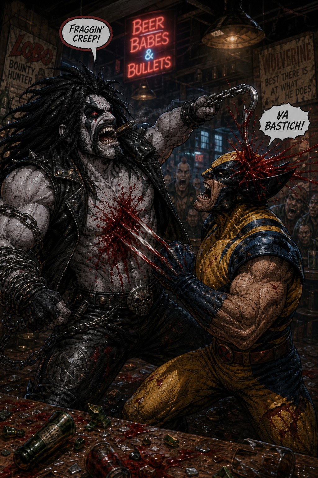 Dc's Lobo Versus Marvel's Wolverine Fighting In Bar With Wolverine Stabbing Lobo In The Chest His Claws And Lobo's Chainhook Stabbing Wolverine On The Side Of The Head With Blood Gushing From The Wounds AI Image