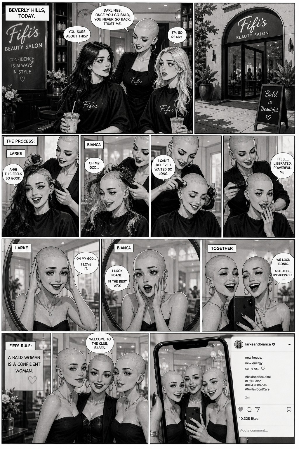 Modern Beverly Hills Teens Au Where Larke And Bianca Shaved Permanently At Fifi's Beauty Salon In A World Where Woman Do It And Love It Reaction In The Mirror This Is A Comic The Take A Selfie On Instagram And Fifi Is Bald Too The Process And Reaction In The Mirror AI Image