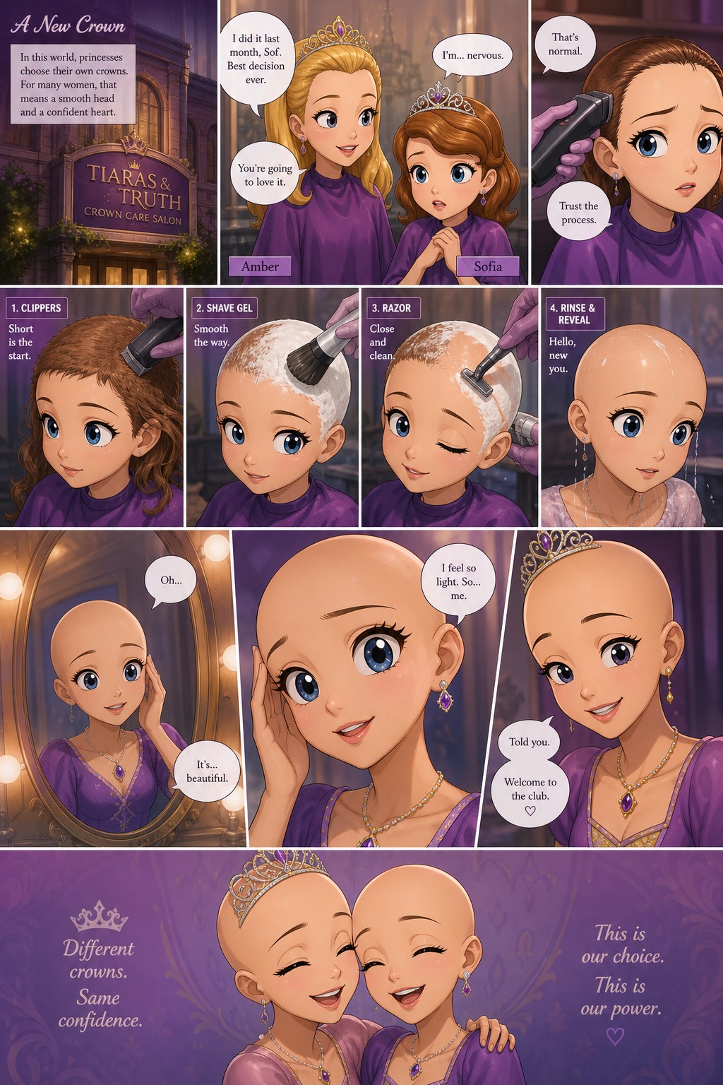 Modern Sofia The First Au Where She Goes Bald Permanently At A Salon In A World Where Women Do It And Love It This Is A Comic The Process And Reaction In The Mirror Using Clippers Shaving Gel And Razors Amber Did It Before Her AI Image