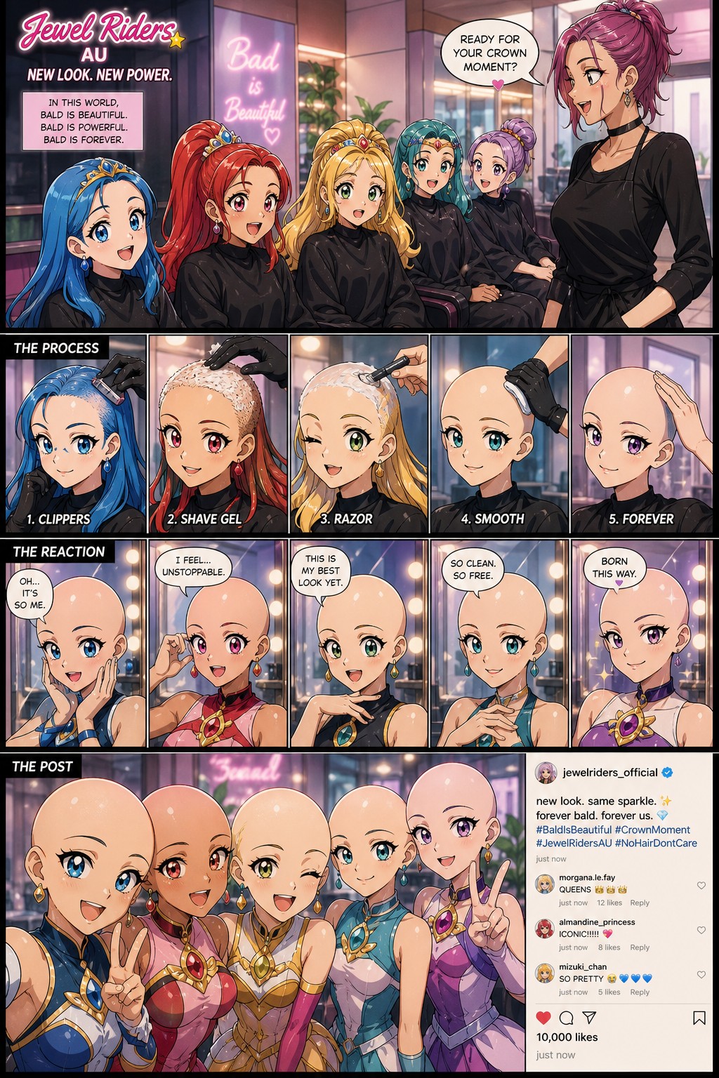 Modern Jewel Riders Au Where They Goes Bald Permanently At A Salon In A World Where Women Do It And Love It This Is A Comic The Process And Reaction In The Mirror Using Clippers Shaving Gel And Razors They Take A Selfie On Instagram AI Image