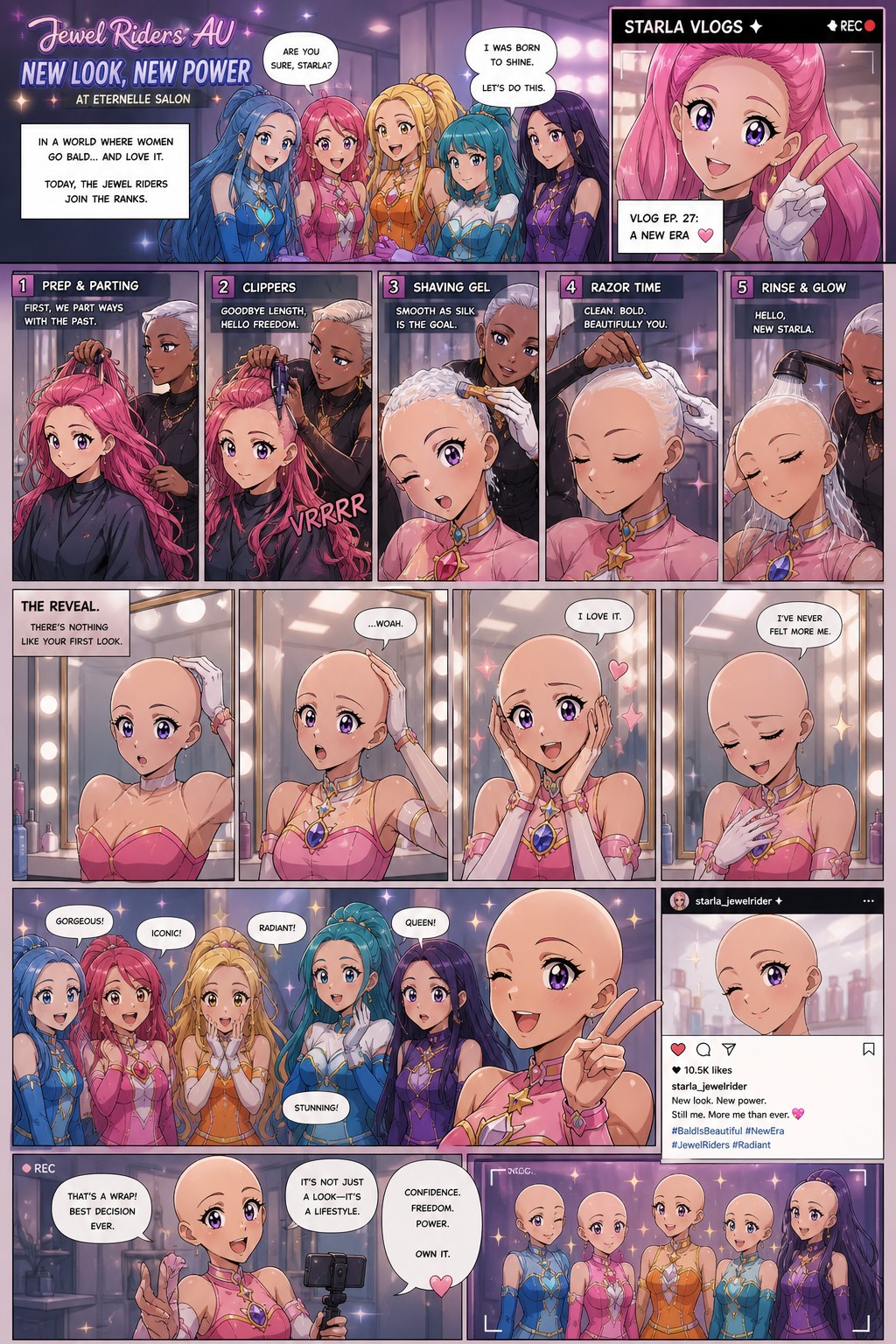 Modern Jewel Riders Au Where They Goes Bald Permanently At A Salon In A World Where Women Do It And Love It This Is A Comic The Process And Reaction In The Mirror Using Clippers Shaving Gel And Razors They Take A Selfie On Instagram Starla Vlogs The Transformation AI Image