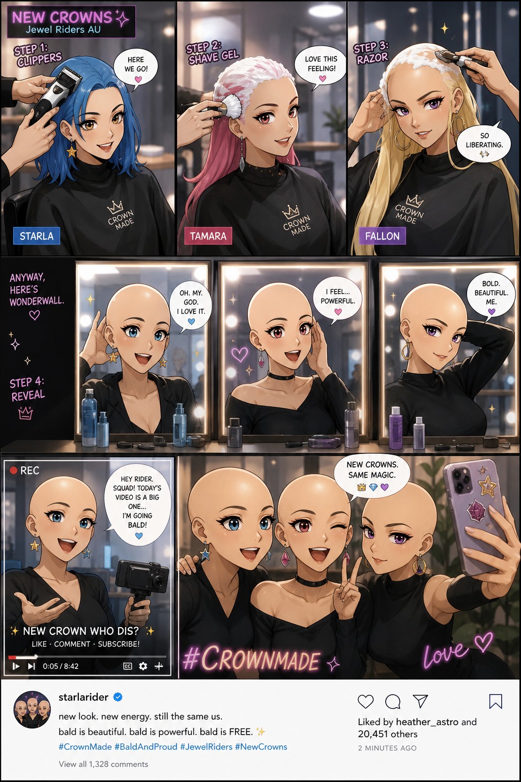 Modern Jewel Riders Au Where Starla Tamara And Fallon Goes Bald Permanently At A Salon In A World Where Women Do It And Love It This Is A Comic The Process And Reaction In The Mirror Using Clippers Shaving Gel And Razors They Take A Selfie On Instagram Starla Vlogs The Transformation AI Image