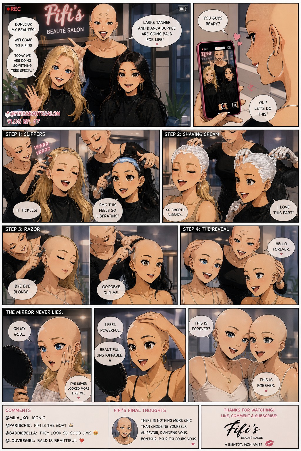 Modern Beverly Hills Teens Au Where Larke Tanner And Bianca Dupree Both Go Bald Permanently At Fifi's Beauty Salon Using Clippers Shaving Cream And Razors In A World Where Women Do It And Love It This Is A Comic The Process And Reaction In The Mirror Fiffi Is A French Immigrant Who Is Bald Too Larke Has Blonde Hair Bianca Has Black Hair All Three Are White Fifi Vlogs The Transformation AI Image