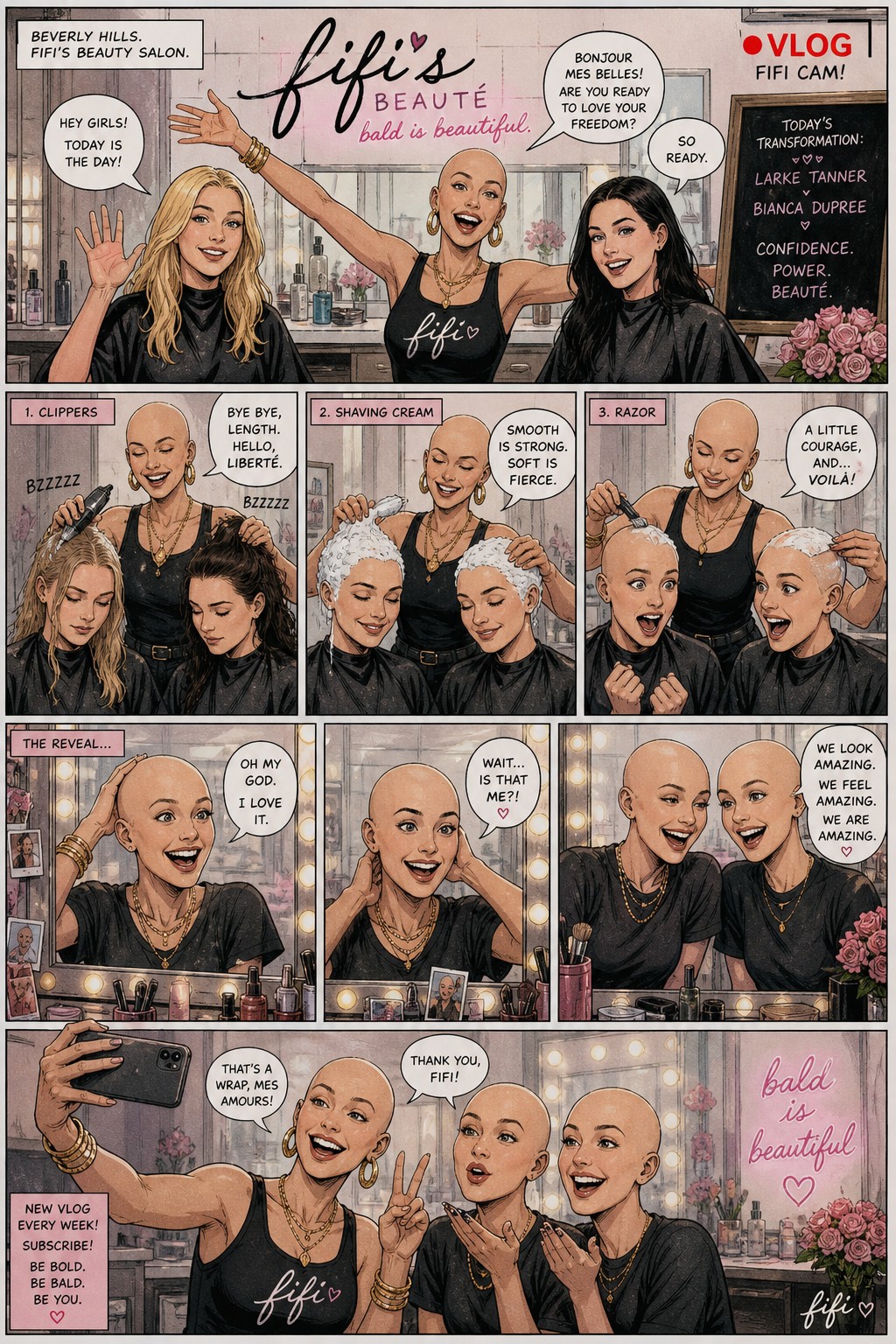 Modern Beverly Hills Teens Au Where Larke Tanner And Bianca Dupree Both Go Bald Permanently At Fifi's Beauty Salon Using Clippers Shaving Cream And Razors In A World Where Women Do It And Love It This Is A Comic The Process And Reaction In The Mirror Fiffi Is A French Immigrant Who Is Bald Too Larke Has Blonde Hair Bianca Has Black Hair All Three Are White Fifi Vlogs The Transformation AI Image