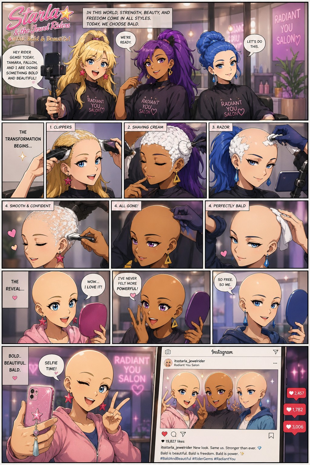 Modern Starla And The Jewel Riders Au Where The Starla Tamara And Fallon Go Bald Permanently At A Salon Using Clippers Shaving Cream And Razors In A World Where Women Do It And Love It This Is A Comic The Process And Reaction In The Mirror Starla Vlogs The Transformation And Take A Selfie On Instagram AI Image