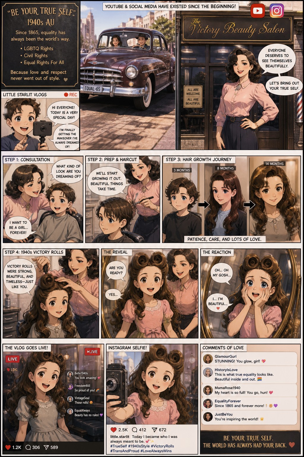 S Au Where Lgbtq Rights And Civil Rights Are A Thing Since Around The World And Man Becomes A Woman At A Hospital She Is A Hairstylist At A Salon And Gives A Little Boy To Little Girl Makeover Permanently With Long Brown Hair In A S Style Doing Waist Length Victory Rolls By Growing Out The Hair Social Media Cars With Seatbelts And Youtube Exist From The Beginning This Is A Comic And The Process And Reaction In The Mirror The Client Vlogs The Transformation On Her Channel And Takes A Selfie On Her Instagram AI Image