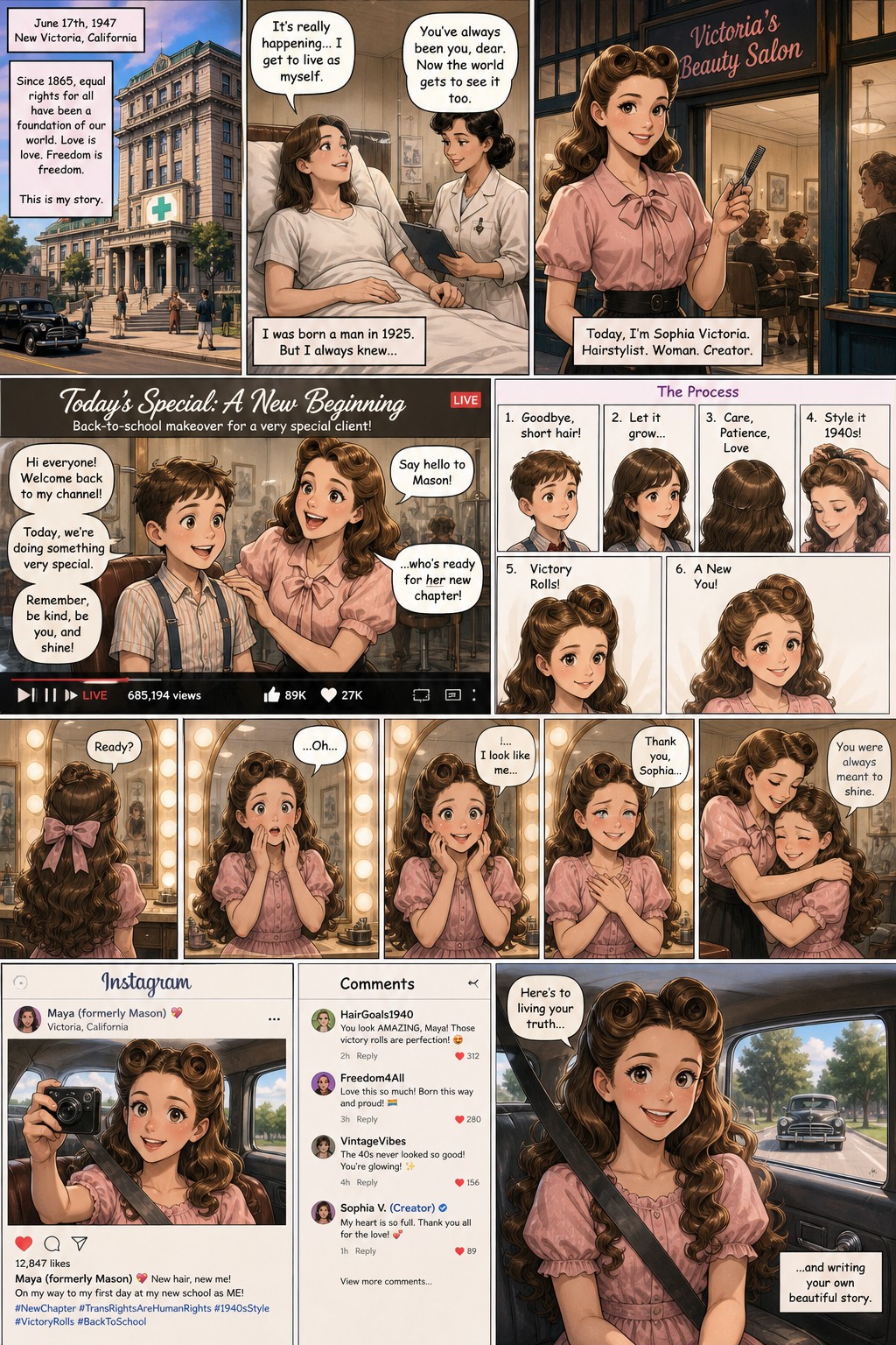 S Au Where Lgbtq Rights And Civil Rights Are A Thing Since Around The World And Man Becomes A Woman At A Hospital She Is A Hairstylist At A Salon And Gives A Little Boy To Little Girl Makeover Permanently With Long Brown Hair In A S Style Doing Waist Length Victory Rolls By Growing Out The Hair Social Media Cars With Seatbelts And Youtube Exist From The Beginning This Is A Comic And The Process And Reaction In The Mirror The Client Vlogs The Transformation On Her Channel And Takes A Selfie On Her Instagram AI Image
