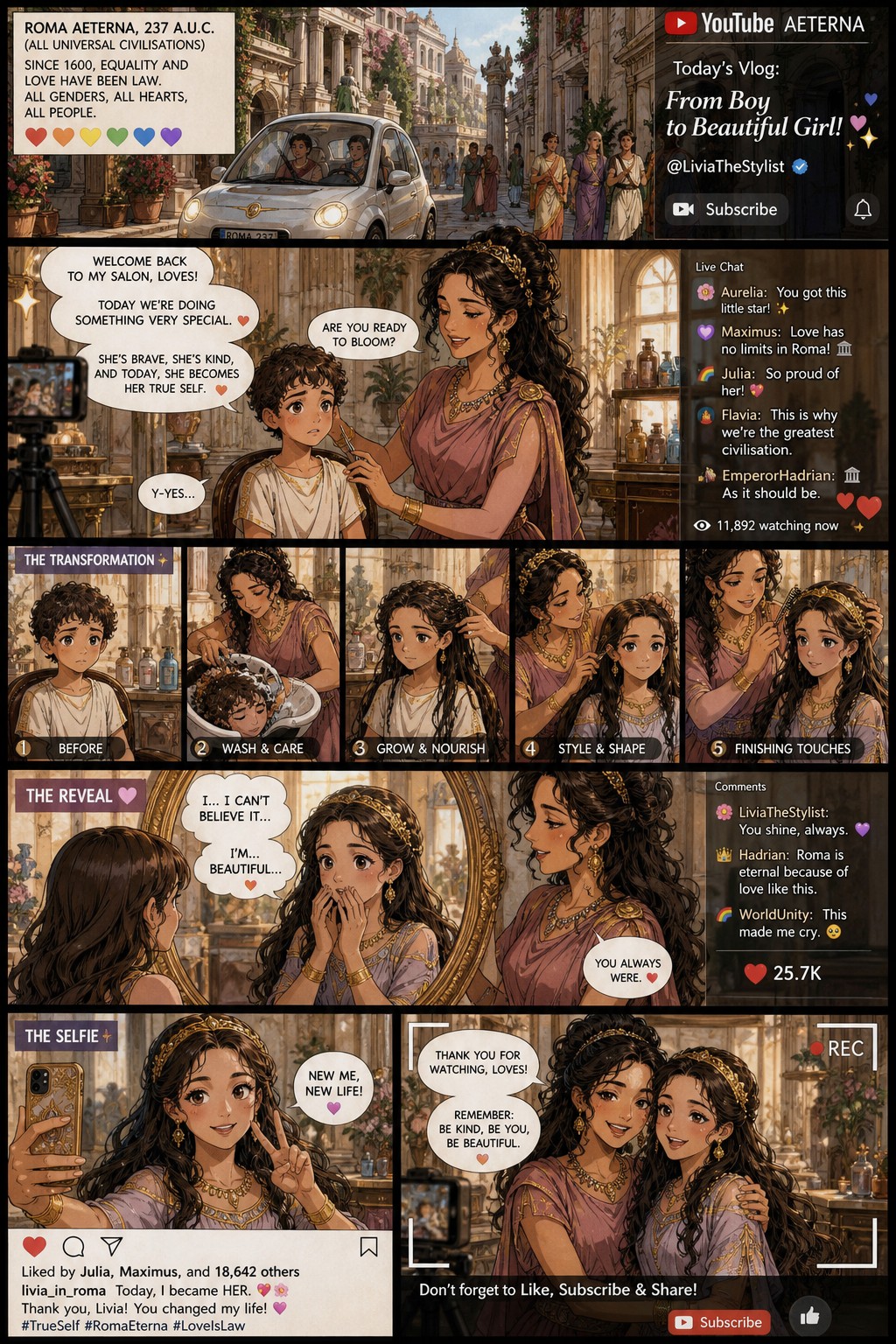 Ancient Au Where Lgbtq Rights And Civil Rights Are A Thing Since Around The World And Man Becomes A Woman At A Hospital She Is A Roman Hairstylist At A Roman Salon And Gives A Little Boy To Little Girl Makeover Permanently With A Ancient Makeover By Growing Out The Hair Social Media Cars With Seatbelts And Youtube Exist From The Beginning This Is A Comic And The Process And Reaction In The Mirror The Client Vlogs The Transformation On Her Channel And Takes A Selfie On Her Instagram AI Image