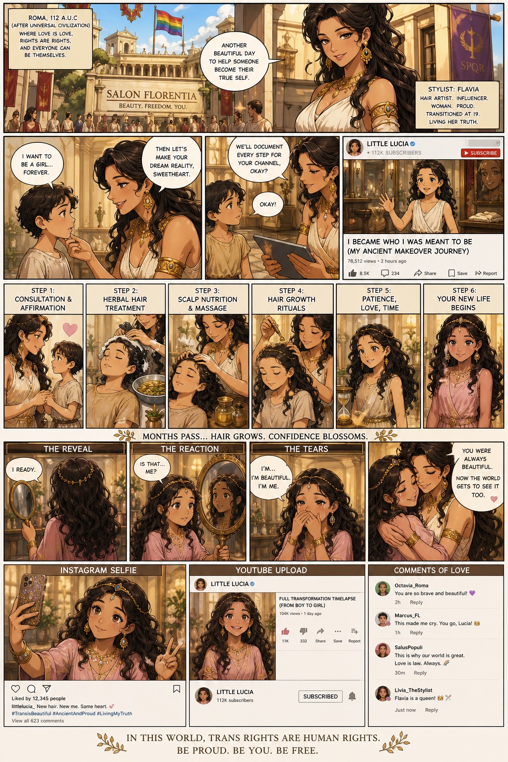 Ancient Au Where Lgbtq Rights And Civil Rights Are A Thing Since Ancient Around The World And Man Becomes A Woman At A Hospital She Is A Roman Hairstylist At A Roman Salon And Gives A Little Boy To Little Girl Makeover Permanently With A Ancient Makeover By Growing Out The Hair Social Media Cars With Seatbelts And Youtube Exist From The Beginning This Is A Comic And The Process And Reaction In The Mirror The Client Vlogs The Transformation On Her Channel And Takes A Selfie On Her Instagram AI Image
