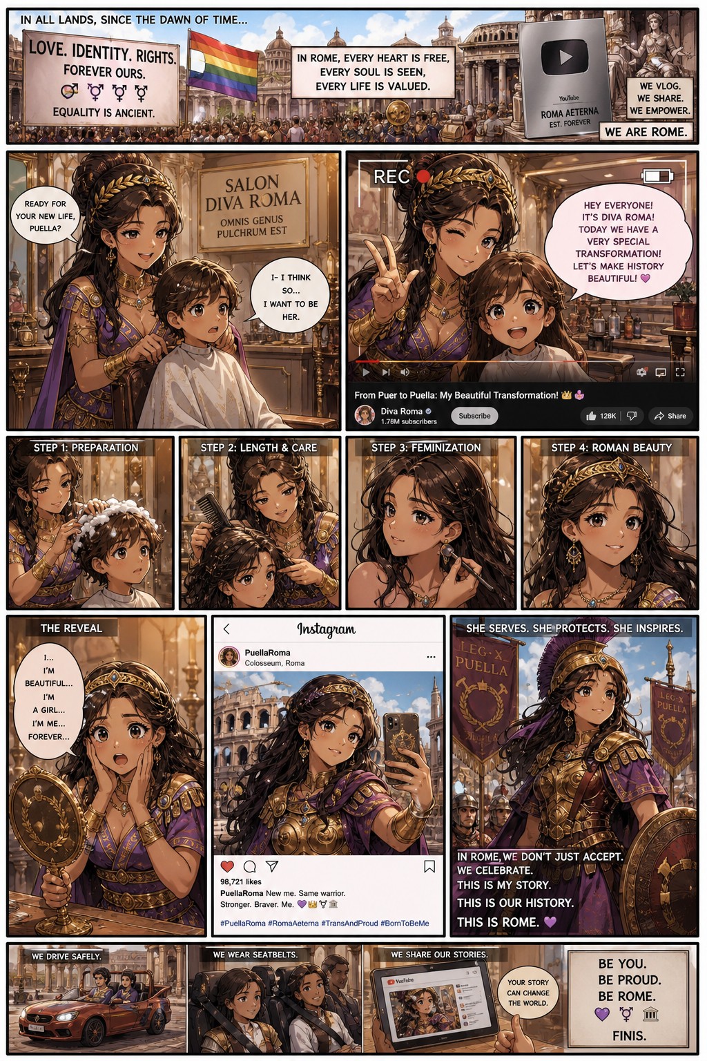 Ancient Au Where Lgbtq Rights And Civil Rights Are A Thing Since Ancient Around The World And Man Becomes A Woman At A Hospital She Is A Roman Hairstylist At A Roman Salon And Gives A Little Boy To Little Girl Makeover Permanently With A Ancient Makeover By Growing Out The Hair Social Media Cars With Seatbelts And Youtube Exist From The Beginning This Is A Comic And The Process And Reaction In The Mirror The Client Vlogs The Transformation On Her Channel And Takes A Selfie On Her Instagram She Is A Member Of The Roman Army AI Image