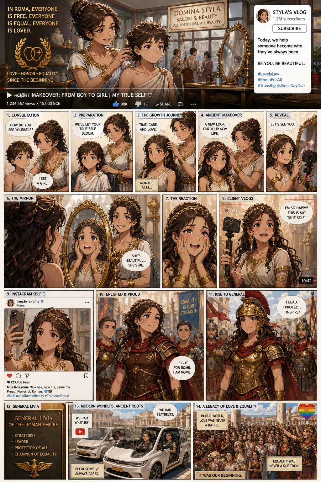 Ancient Au Where Lgbtq Rights And Civil Rights Are A Thing Since Ancient Around The World And Man Becomes A Woman At A Hospital She Is A Roman Hairstylist At A Roman Salon And Gives A Little Boy To Little Girl Makeover Permanently With A Ancient Makeover By Growing Out The Hair Social Media Cars With Seatbelts And Youtube Exist From The Beginning This Is A Comic And The Process And Reaction In The Mirror The Client Vlogs The Transformation On Her Channel And Takes A Selfie On Her Instagram She Is A Member Of The Roman Army And Becomes A General AI Image