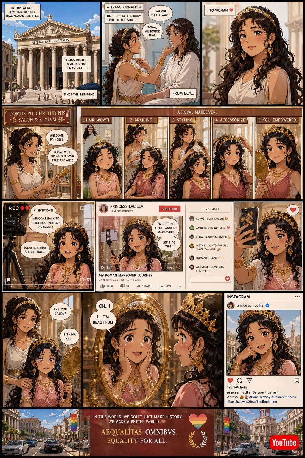 Ancient Au Where Lgbtq Rights And Civil Rights Are A Thing Since Ancient Around The World And Man Becomes A Woman At A Hospital She Is A Roman Hairstylist At A Roman Salon And Gives A Little Boy To Little Girl Makeover Permanently With A Ancient Makeover By Growing Out The Hair Social Media Cars With Seatbelts And Youtube Exist From The Beginning This Is A Comic And The Process And Reaction In The Mirror The Client Vlogs The Transformation On Her Channel And Takes A Selfie On Her Instagram She Is A Roman Princess AI Image
