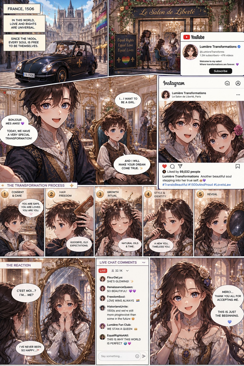 S Au Where Lgbtq Rights And Civil Rights Are A Thing Since S Around The World And Man Becomes A Woman At A Hospital She Is A French Hairstylist At A French Salon And Gives A Little Boy To Little Girl Makeover Permanently With A Ancient Makeover By Growing Out The Hair Social Media Cars With Seatbelts And Youtube Exist From The Beginning This Is A Comic And The Process And Reaction In The Mirror The Client Vlogs The Transformation On Her Channel And Takes A Selfie On Her Instagram AI Image
