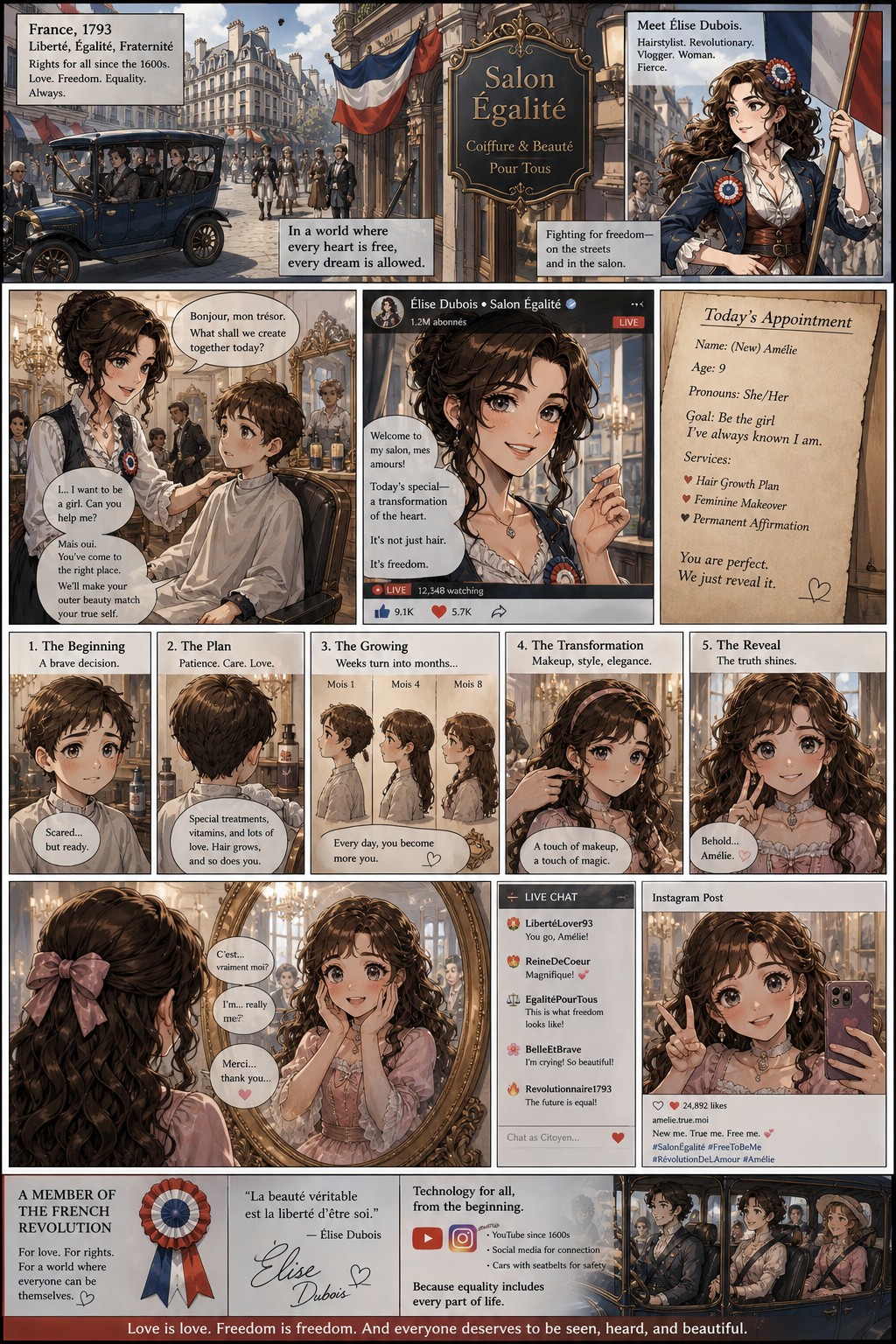 S Au Where Lgbtq Rights And Civil Rights Are A Thing Since S Around The World And Man Becomes A Woman At A Hospital She Is A French Hairstylist At A French Salon And Gives A Little Boy To Little Girl Makeover Permanently With A Makeover By Growing Out The Hair Social Media Cars With Seatbelts And Youtube Exist From The Beginning This Is A Comic And The Process And Reaction In The Mirror The Client Vlogs The Transformation On Her Channel And Takes A Selfie On Her Instagram She Is A Member Of The French Revolution AI Image