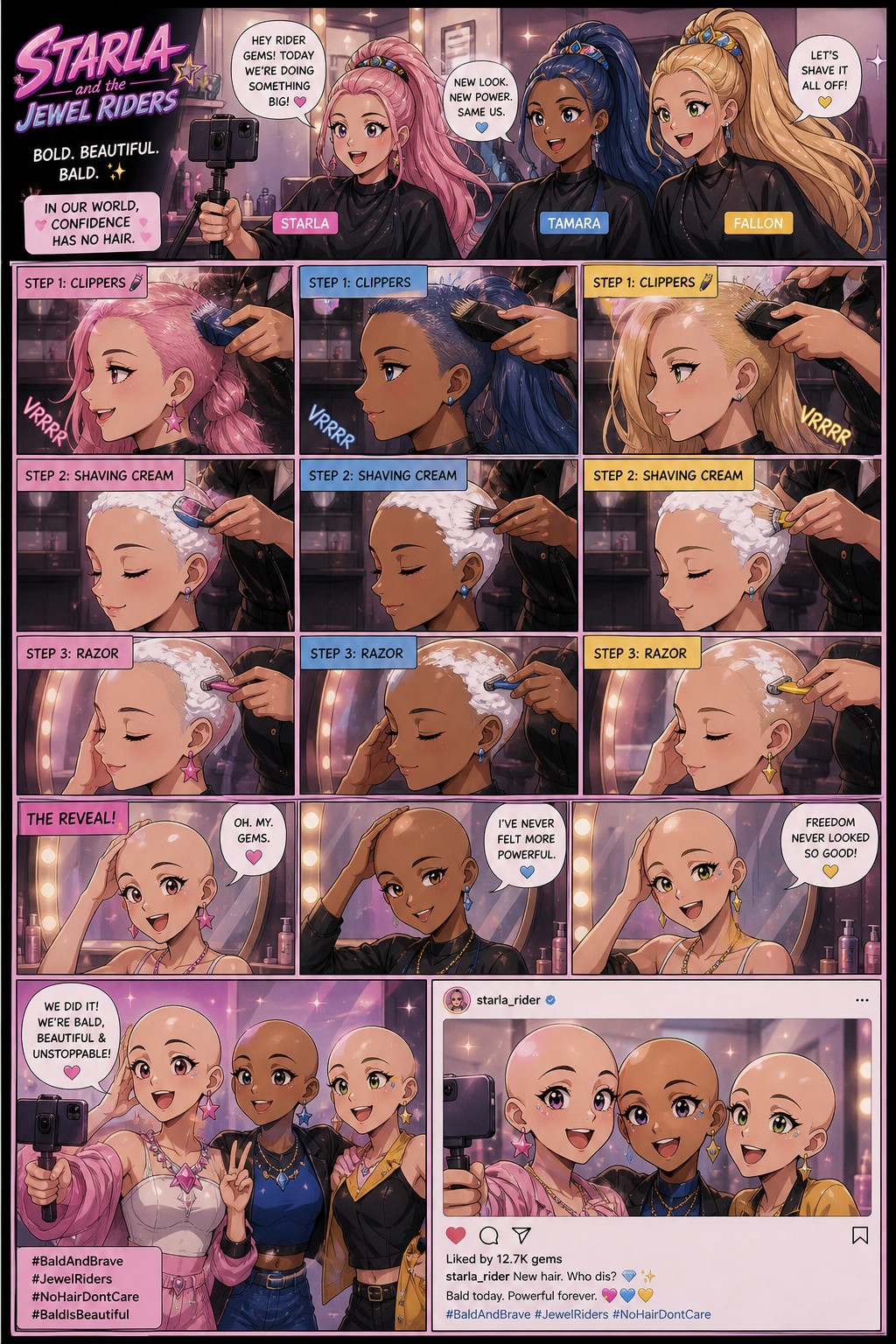 Modern Starla And The Jewel Riders Au Where The Starla Tamara And Fallon Go Bald Permanently At A Salon Using Clippers Shaving Cream And Razors In A World Where Women Do It And Love It This Is A Comic The Process And Reaction In The Mirror Starla Vlogs The Transformation And Take A Selfie On Instagram AI Image