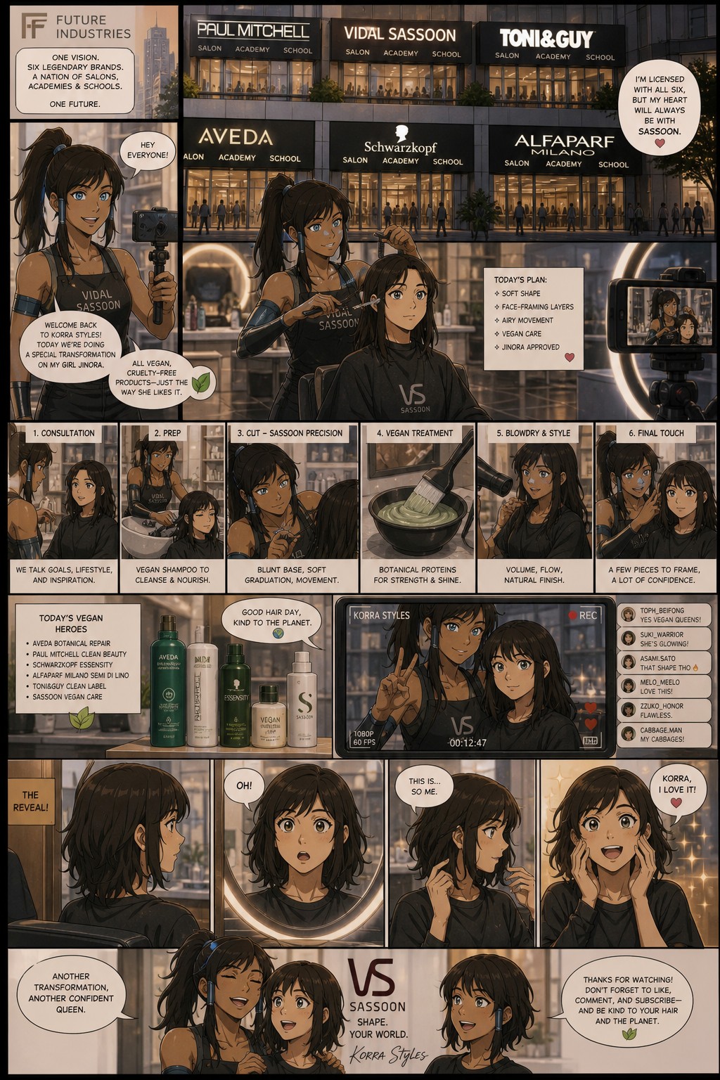 Modern Korra Au Where She Isa Hairstylist At Vidal Sassoon Salon Their Are Paul Mitchell Vidal Sassoon Toni And Guy Aveda Schwarzkopf And Alfaparf Milano Salons Academies And Schools Across The Nations Owned By Future Industries This Is A Comic And She Is Doing Jinora's Hair Using Vegan Products But All Other Salons Use Both Normal And Vegan Products Due To Jinora Being A Vegetarian And Korra Vlogs The Transformation On Her Korra Styles Channel And Korra Has Licenses With All But Prefers Sassoon And Jinora Loves Her New Look The Process And Reaction In The Mirror AI Image