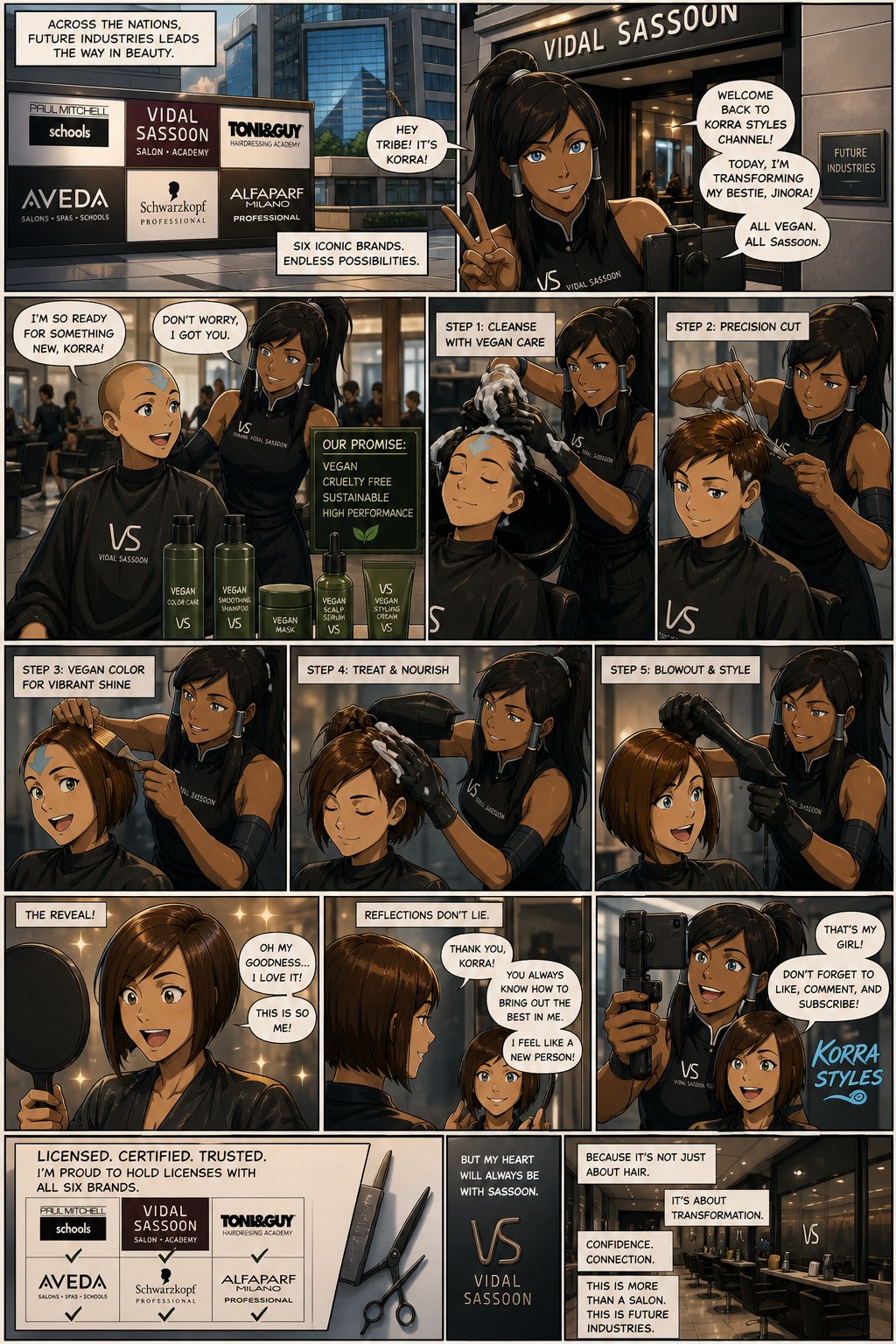 Modern Korra Au Where She Isa Hairstylist At Vidal Sassoon Salon Their Are Paul Mitchell Vidal Sassoon Toni And Guy Aveda Schwarzkopf And Alfaparf Milano Salons Academies And Schools Across The Nations Owned By Future Industries This Is A Comic And She Is Doing Jinora's Hair Using Vegan Products But All Other Salons Use Both Normal And Vegan Products Due To Jinora Being A Vegetarian And Korra Vlogs The Transformation On Her Korra Styles Channel And Korra Has Licenses With All But Prefers Sassoon And Jinora Loves Her New Look The Process And Reaction In The Mirror AI Image
