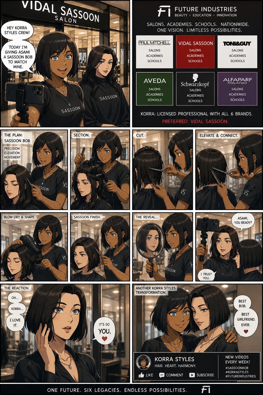 Modern Korra Au Where She Isa Hairstylist At Vidal Sassoon Salon Their Are Paul Mitchell Vidal Sassoon Toni And Guy Aveda Schwarzkopf And Alfaparf Milano Salons Academies And Schools Across The Nations Owned By Future Industries This Is A Comic And She Is Giving Her Girlfriend Asami A Bob Cut To Match Her And Korra Vlogs The Transformation On Her Korra Styles Channel And Korra Has Licenses With All But Prefers Sassoon And Asami Loves Her New Look The Process And Reaction In The Mirror Korra Has A Bob AI Image