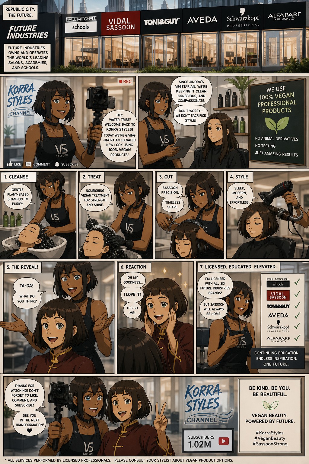 Modern Korra Au Where She Isa Hairstylist At Vidal Sassoon Salon Their Are Paul Mitchell Vidal Sassoon Toni And Guy Aveda Schwarzkopf And Alfaparf Milano Salons Academies And Schools Across The Nations Owned By Future Industries This Is A Comic And She Is Doing Jinora's Hair Using Vegan Products But All Other Salons Use Both Normal And Vegan Products Due To Jinora Being A Vegetarian And Korra Vlogs The Transformation On Her Korra Styles Channel And Korra Has Licenses With All But Prefers Sassoon And Jinora Loves Her New Look The Process And Reaction In The Mirror Korra Has A Bob AI Image