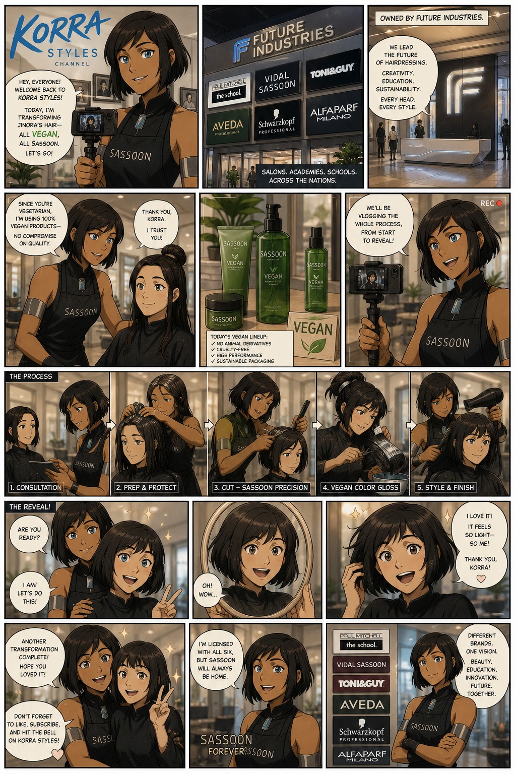 Modern Korra Au Where She Isa Hairstylist At Vidal Sassoon Salon Their Are Paul Mitchell Vidal Sassoon Toni And Guy Aveda Schwarzkopf And Alfaparf Milano Salons Academies And Schools Across The Nations Owned By Future Industries This Is A Comic And She Is Doing Jinora's Hair Using Vegan Products But All Other Salons Use Both Normal And Vegan Products Due To Jinora Being A Vegetarian And Korra Vlogs The Transformation On Her Korra Styles Channel And Korra Has Licenses With All But Prefers Sassoon And Jinora Loves Her New Look The Process And Reaction In The Mirror Korra Has A Bob AI Image