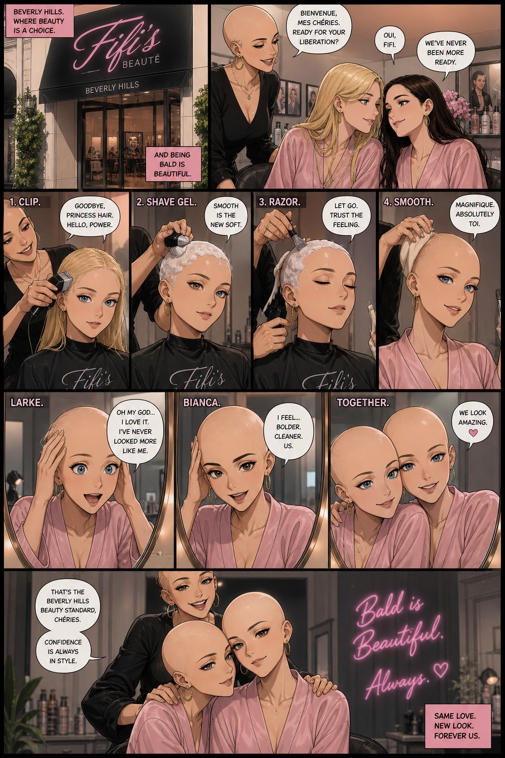 Modern Beverly Hills Teens Au Where Larke Tanner And Bianca Dupree Go Bald Permanently At Fifi's Beauty Salon In A World Where Women Do It And Love It This Is A Comic Using Clippers Shaving Gel And Razors Fifi Is A French Immigrant Who Is Bald Too And Larke Has Blonde Hair And Bianca Has Black Hair All Three Are White The Process And Reaction In The Mirror The Are A Couple AI Image