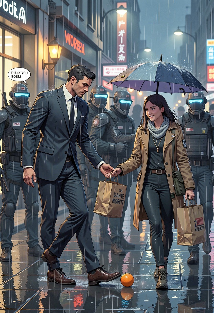Scene — “the Man Everyone Fears” A Feared Young Mafia Boss, Accidentally Drops Her Paper Bag While Trying To Shield Herself From The Rain An Orange Rolls Across The Pavement And Stops Directly Beside Dante’s Polished Shoe His Guards Expect Him To Ignore It Instead, “thank You” Dante Freezes For A Moment Everyone He Meets Either Fears Him Or Wants Something From Him—but She Looks At Him Like He's Just Another Man Standing In The Rain As Elena Walks Away Beneath Her Umbrella, And Impeccably Dressed AI Image