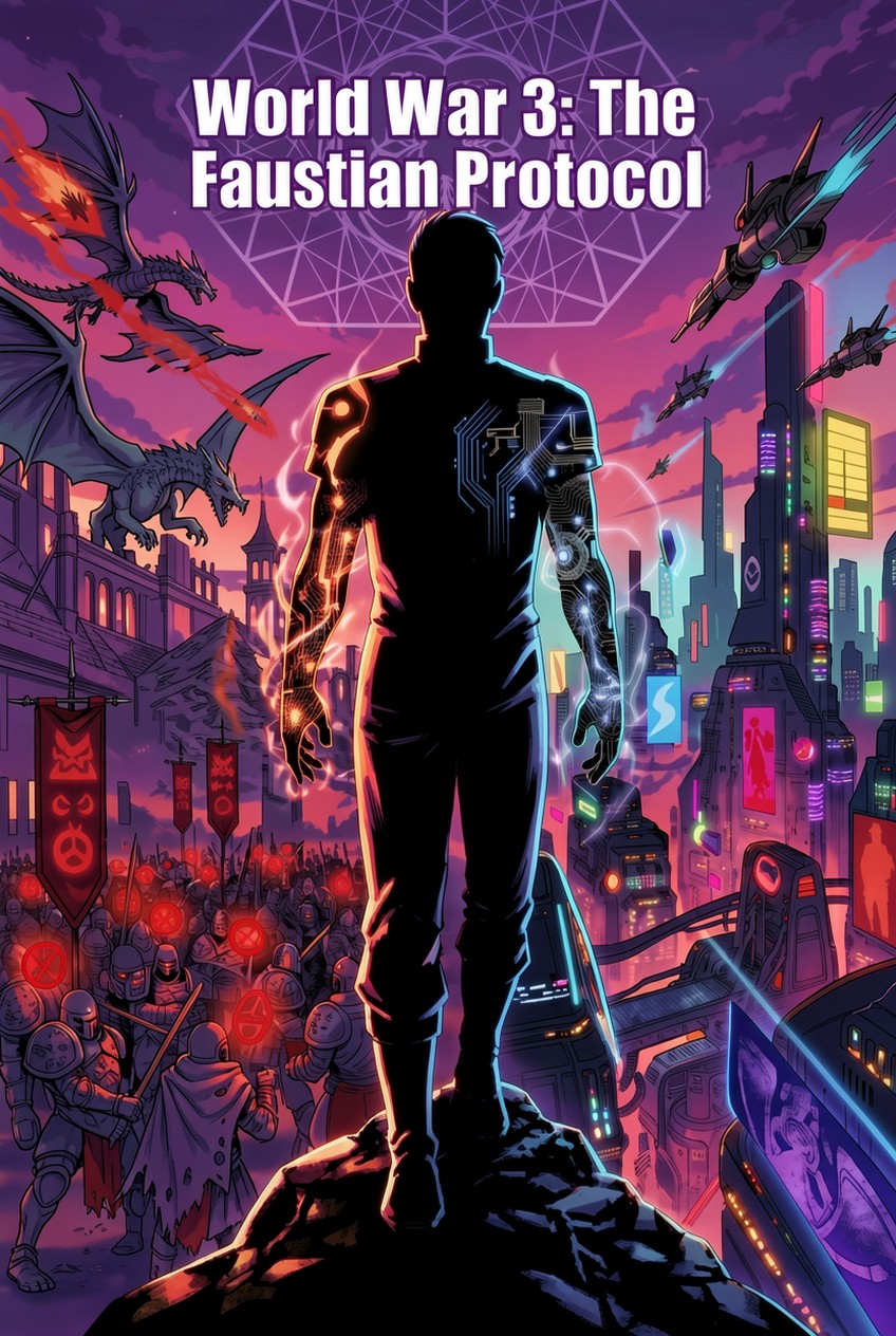 With Ancient Gargoyles Or Wyverns Flying Above The Right Side The East A Sleek, Hyper-futuristic, Neon-lit Cyberpunk Metropolis Towering Skyscrapers, While The Other Hand Crackles With Raw AI Image
