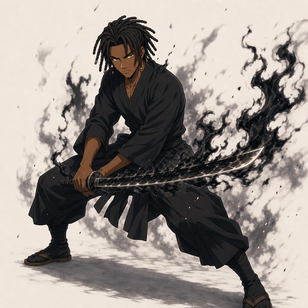 His Expression Cold And Primal His Draconic Nature Shown In His Eyes Full Body Shown, Black Flame Powers Coating Katana Wielded By Tatsu In A Fighting Stance AI Image