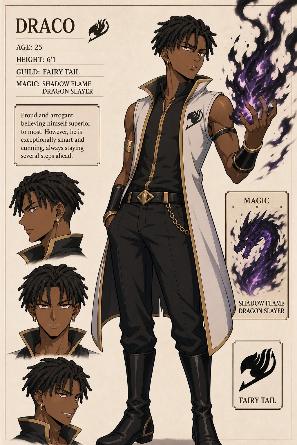 Character Sheet Name Draco Darkskin Height ’ Age Short Medium Black Dreadlocks Skinny Build Magicshadow Flame Dragon Slayer Guild Fairy Tail Proud And Arrogant But Smart And Cunning AI Image