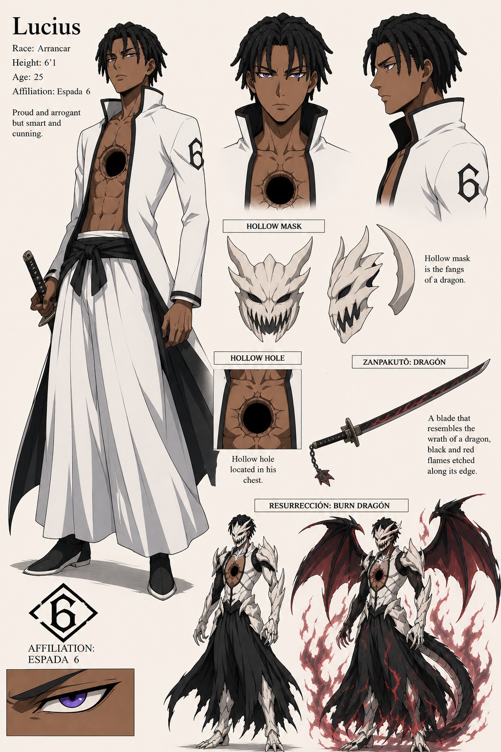 Build Skinny Zanpakuto Dragón Resurrection Callout Burn Dragón Affiliation Espada Proud And Arrogant But Smart And Cunning, Hollow Hole Located In His Chest, Character Sheet Namelucius Darkskin Height ’ Age Race Arrancar Hollow Mask Is The Fangs Of A Dragon, Short Medium Black Dreadlocks AI Image