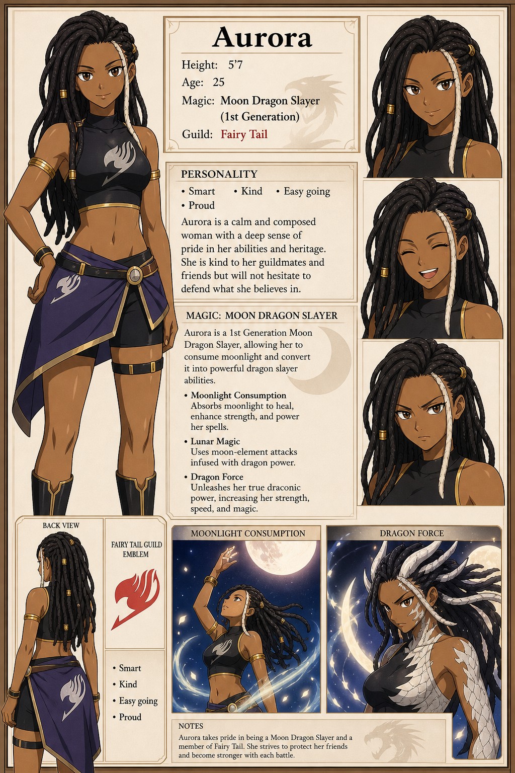 Proud Can Consume Moonlight Dragon Force, Character Sheet Female Name Aurora Brownskin Height’ Age Short Long Black Dreadlocks One White Buildskinny Athletic Magic Moon Dragon Slayerst Generation Guildfairy Tail Smart, Kind, Easy Going AI Image