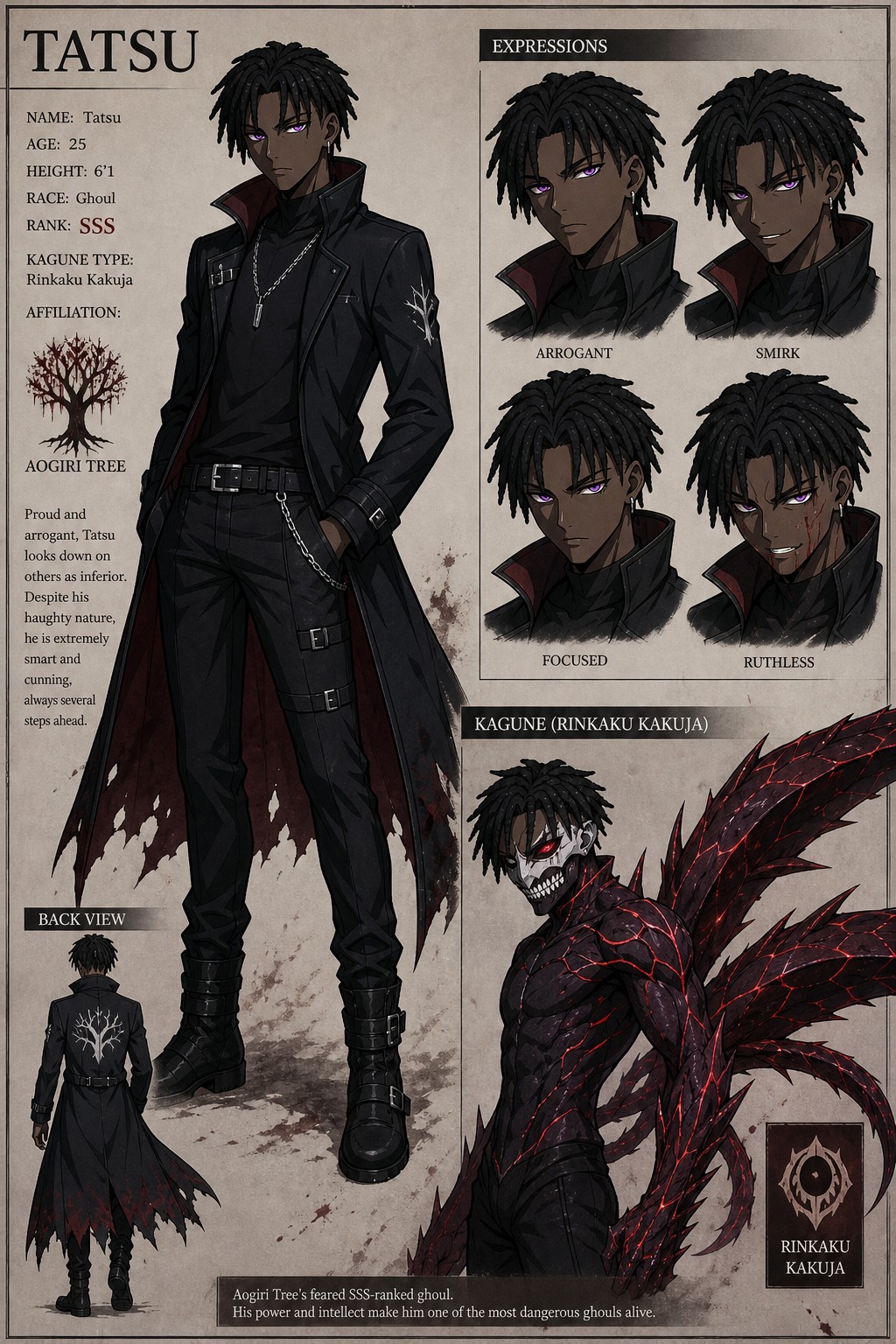 Character Sheet Nametatsu Darkskin Height ’ Age Race Ghoul Rank Sss Short Medium Black Dreadlocks Skinny Build Kagune Type Rinkaku Kakuja Affiliation Aogiri Tree Proud And Arrogant But Smart And Cunning AI Image