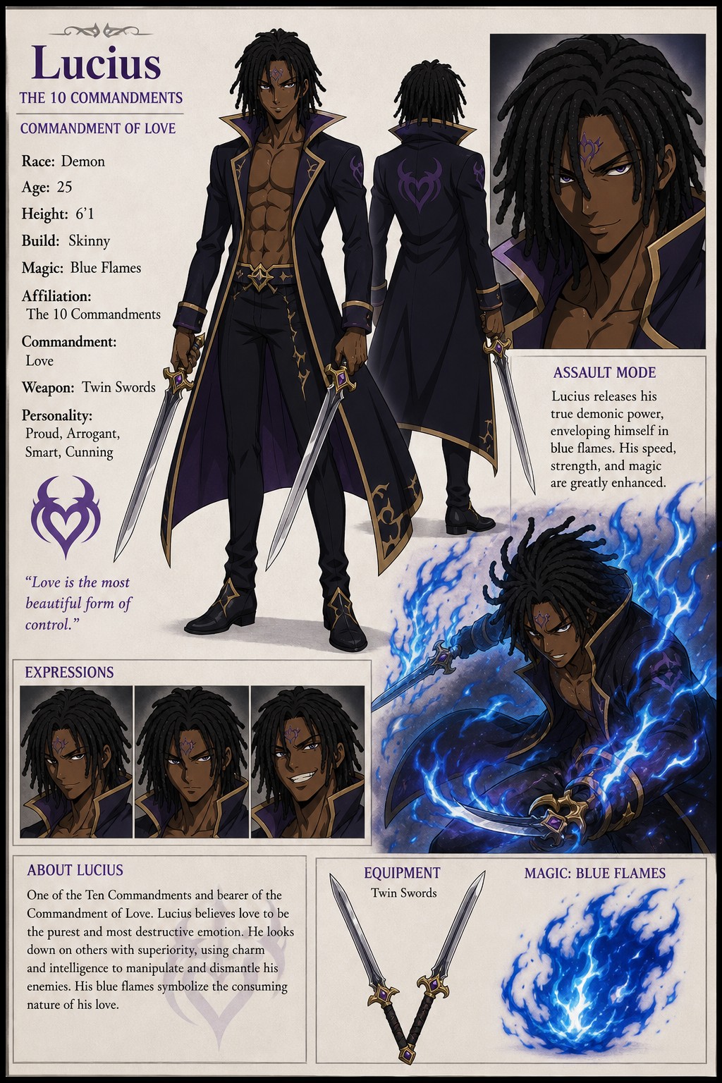 Character Sheet Nanatsu No Taizai Namelucius Darkskin Height ’ Age Race Demon Medium Black Dreadlocks Skinny Build Magicblue Flames Affiliation The Commandments The Commandment Of Love Equipment Twin Swords Proud And Arrogant But Smart And Cunning Assault Mode AI Image