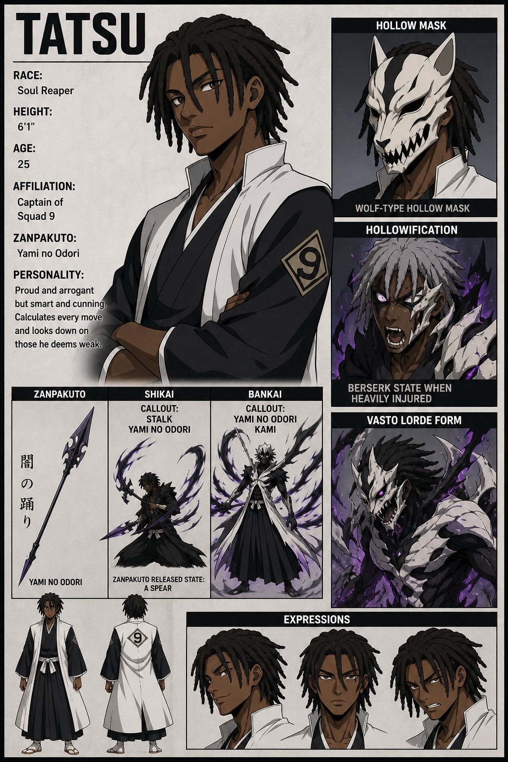 Character Sheet Nametatsu Darkskin Height ’ Age Race Soul Reaper Hollow Mask Is That Of A Wolf, Build Skinny Zanpakuto Yami No Odori Shikai Callout Stalk Yami No Odori Zanpakuto Released State Is A Spear Bankai Callout Yami No Odori Kami Affiliation Captain Of Squad Proud And Arrogant But Smart And Cunning Hollowification When Heavily Injured Goes Into Berserk State Even Had Vasto Lorde Form, Medium Black Dreadlocks AI Image