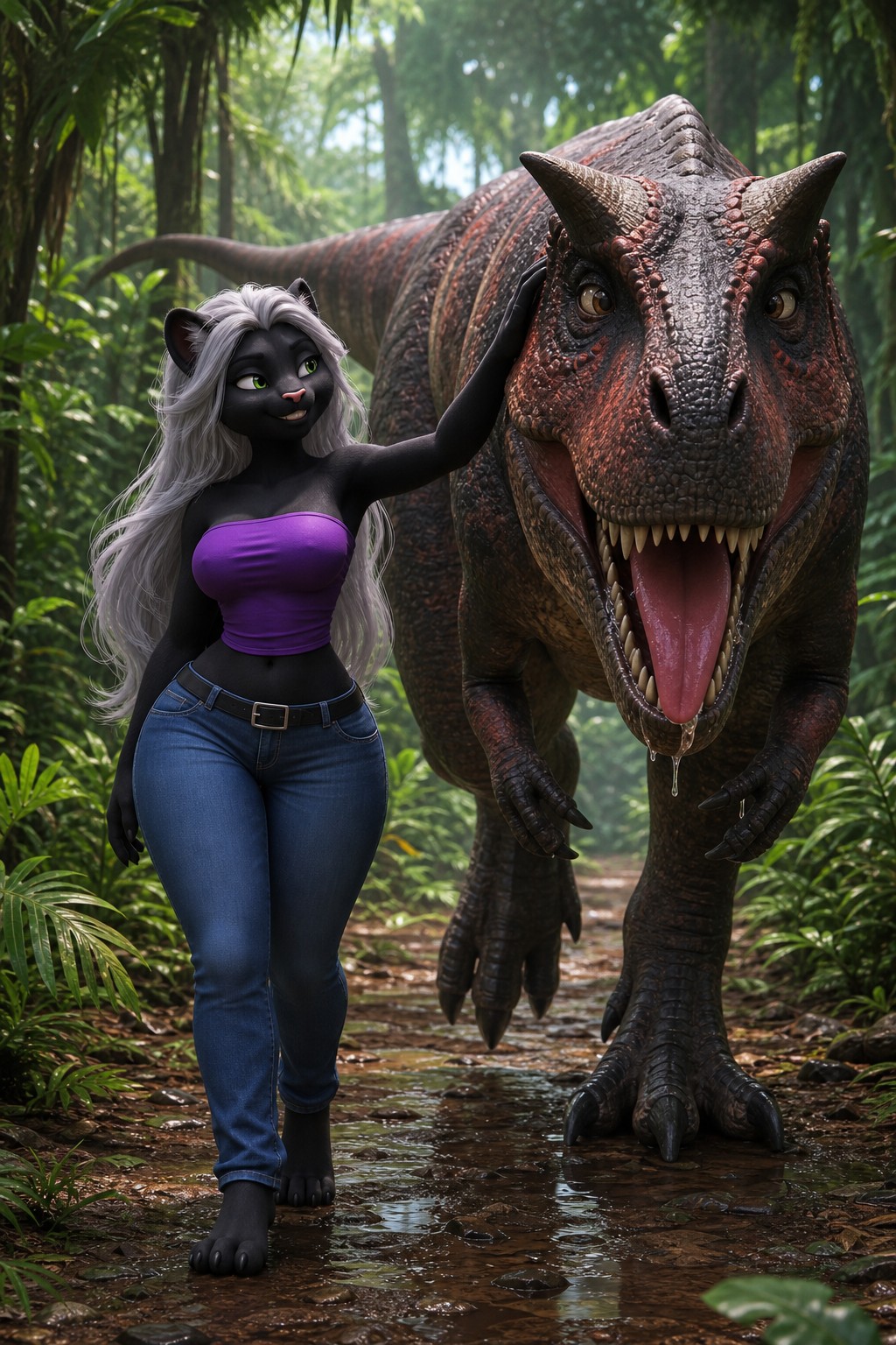 Blue Jeans With Black Belt, Silver Ariel-like Hair, Anthropomorphic Black Panther Girl, Long Beautiful Hair AI Image