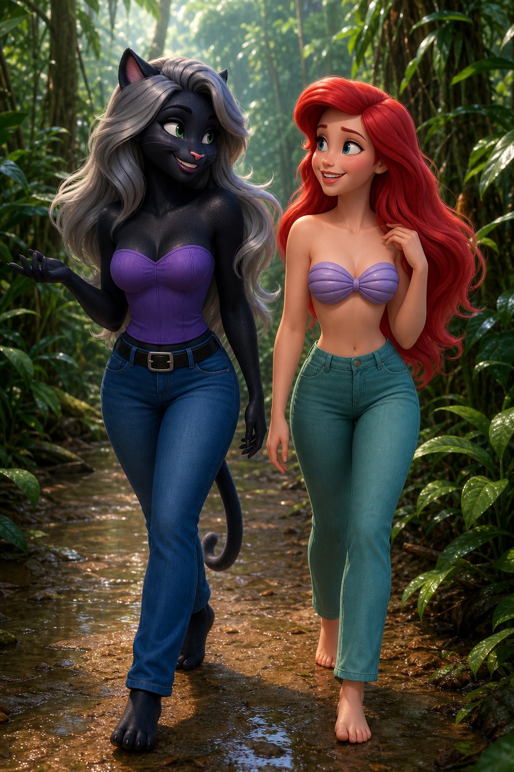 Walking In The Amazon Rainforest, Human Ariel, Blue Jeans With Black Belt, Curvy Body AI Image