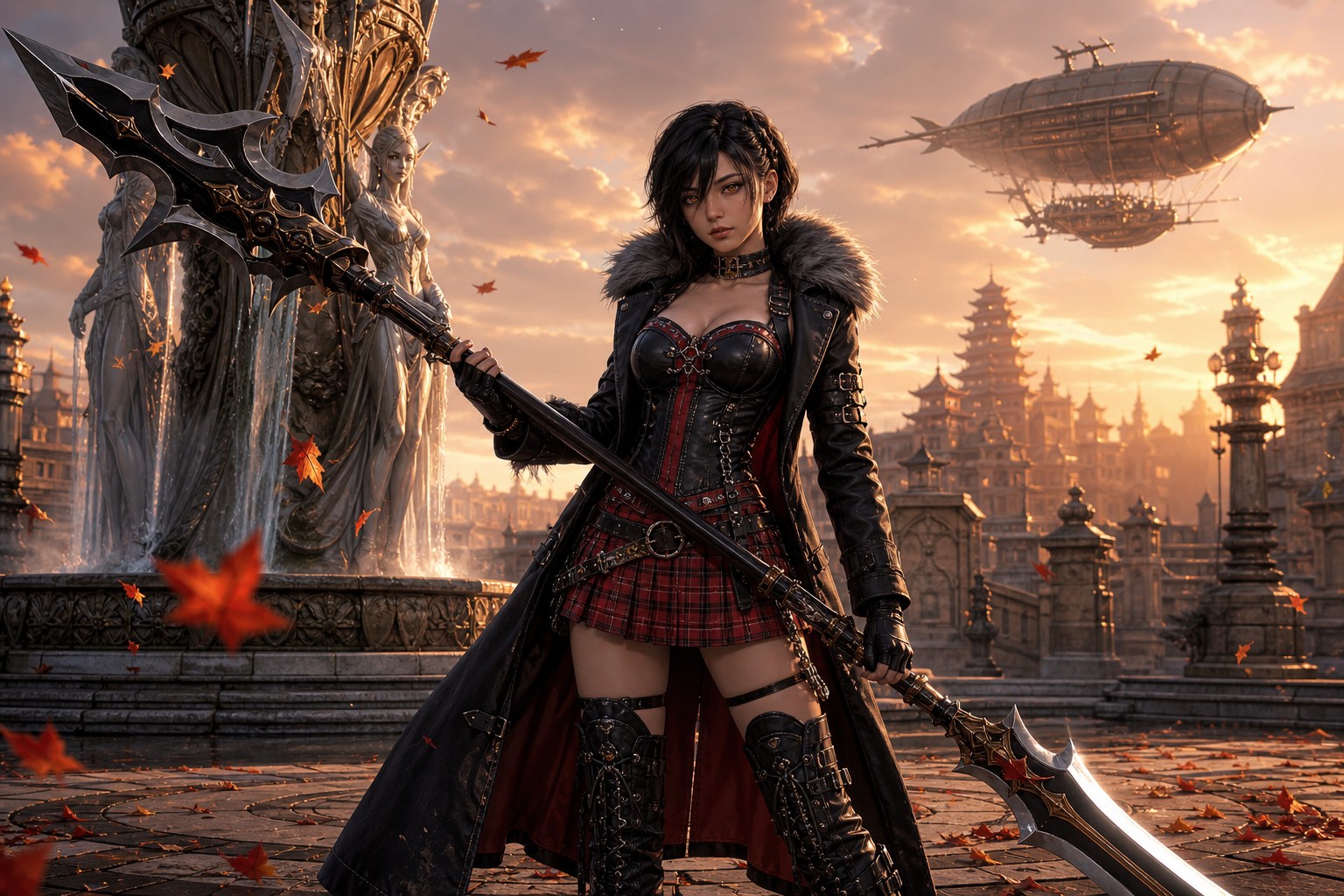 Black Leather Bustier With Red Accents, Elven Fountain, Thick Leather Collar, Autumn AI Image