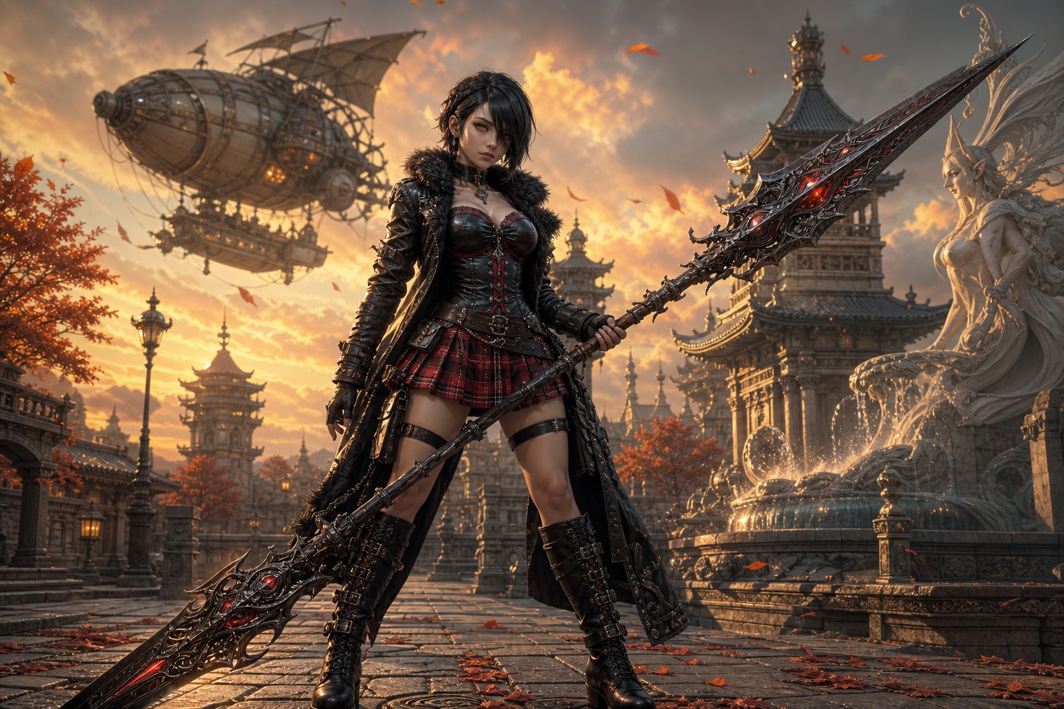 Autumn, Petite Body, Sunset Glow, Wielding Oversized Fantasy Greatspear AI Image