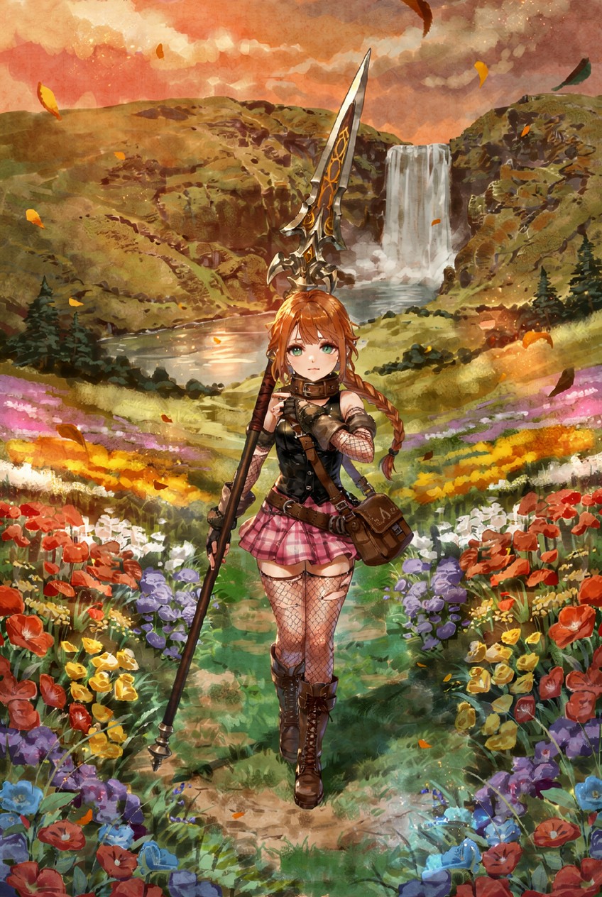 Wielding Oversized Fantasy Greatspear, Evening, Torn Fishnet Stockings, Sunset Glow AI Image