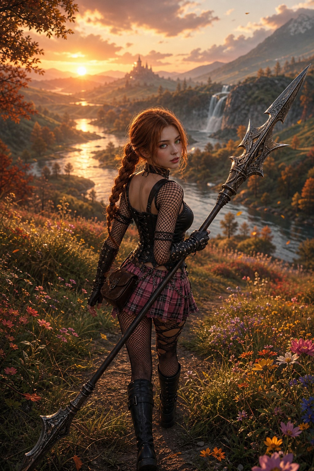 Torn Fishnet Stockings, Sunset Glow, Ethereal-fantasy-style, Knee-high Combat Boots AI Image