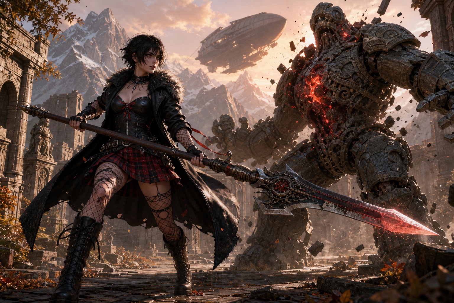 Ethereal-fantasy-style, Messy Hair, Steampunk Airship In Sky, Petite Body AI Image