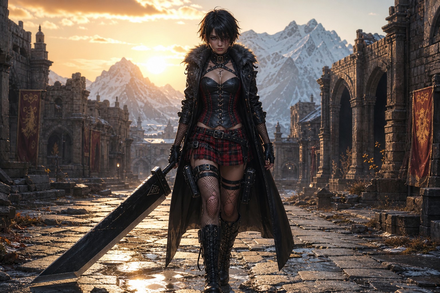 Red Plaid Miniskirt, Thick Leather Collar, Fur Lined Black Leather Trench Coat, Ruined Ancient Stone City AI Image