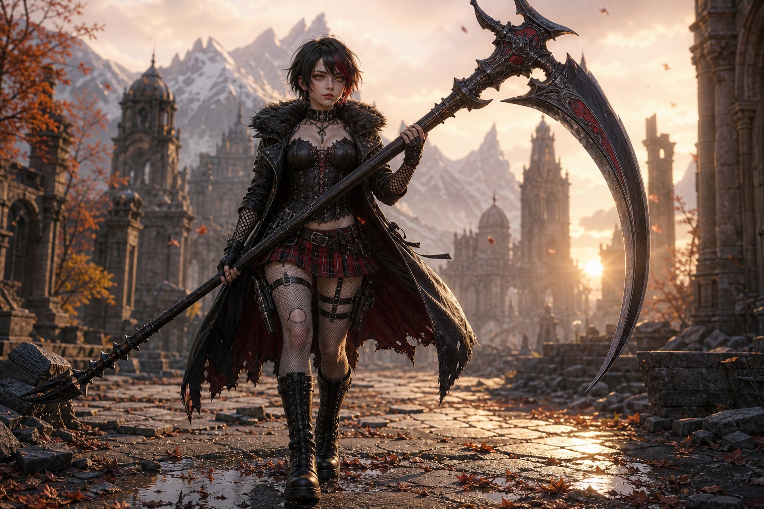 Short Emo Hair, Handguns In Leg Holsters, Wielding Oversized Fantasy Scythe, Black Leather Corset With Red Accents AI Image