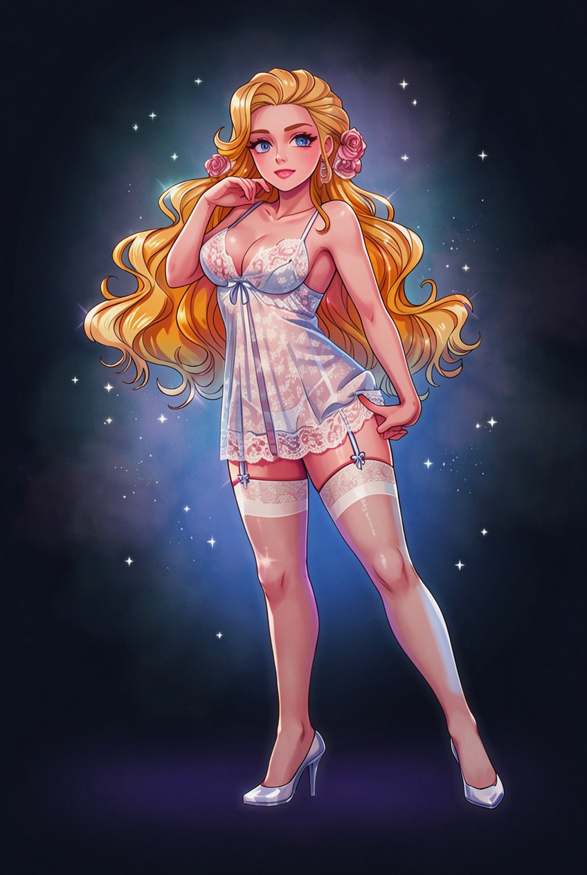 Lacey Babydoll-cut Lingerie, Blue Eyes And A Beauty Mark Under Her Left Eye She Is In Full Makeup She Is Wearing Thigh-high Stockings Held Up With Lacey Garters And Stiletto High Heels She Is Ephemeral And Sparkles Naturally She Has Correct Head To Body Ratio Proportions, A Detailed Neo-anime Style Newbie Goddess Who Acts Ditzy And Makes Poses Like A Pop Idol Star She Is Dressed In White, Short-hem Nightgown She Has Big Blonde Hair AI Image