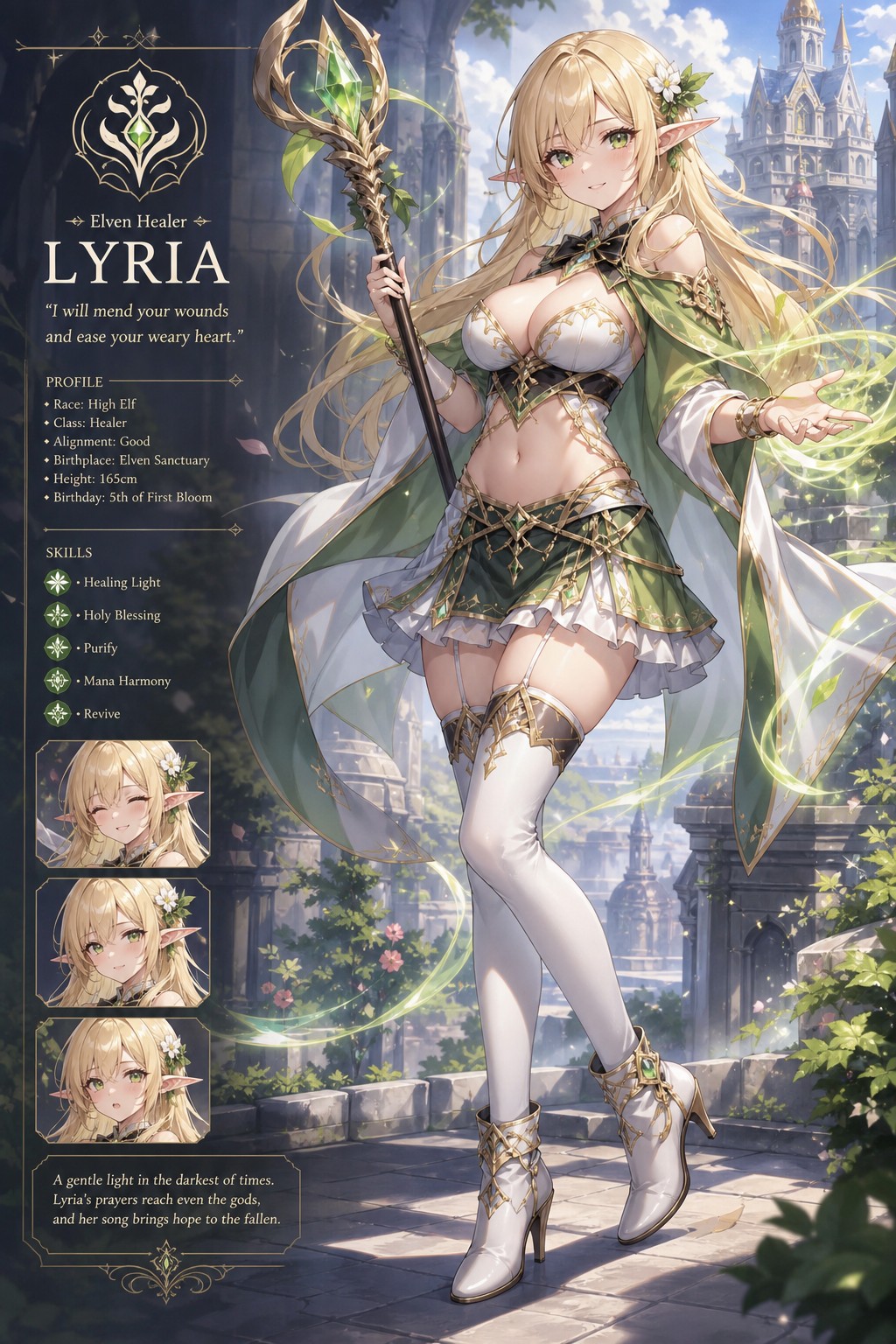 In The Style Of Detailed Neo-anime, A Charismatic, Attractive Female Adventurer For A Fantasy World Typically Seen In Isekai Anime She Is An Elven Healer Iin A Short, With Thigh-high Stockings And High-heel Ankle Boots AI Image