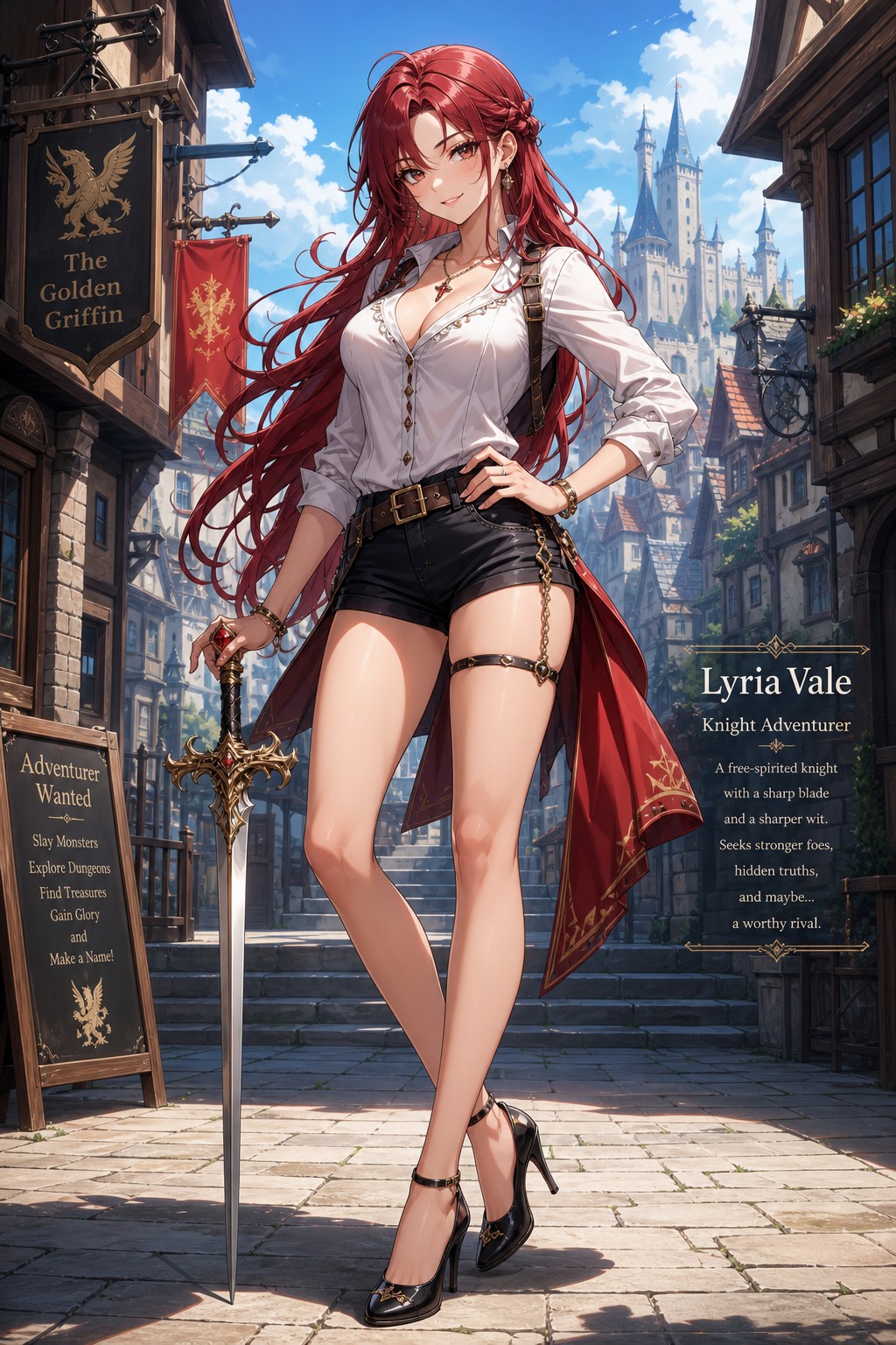 In The Style Of Detailed Neo-anime, Attractive Female Knight Adventurer Without Armor In Shorts And Heels For A Fantasy World Typically Seen In Isekai Anime, A Charismatic AI Image