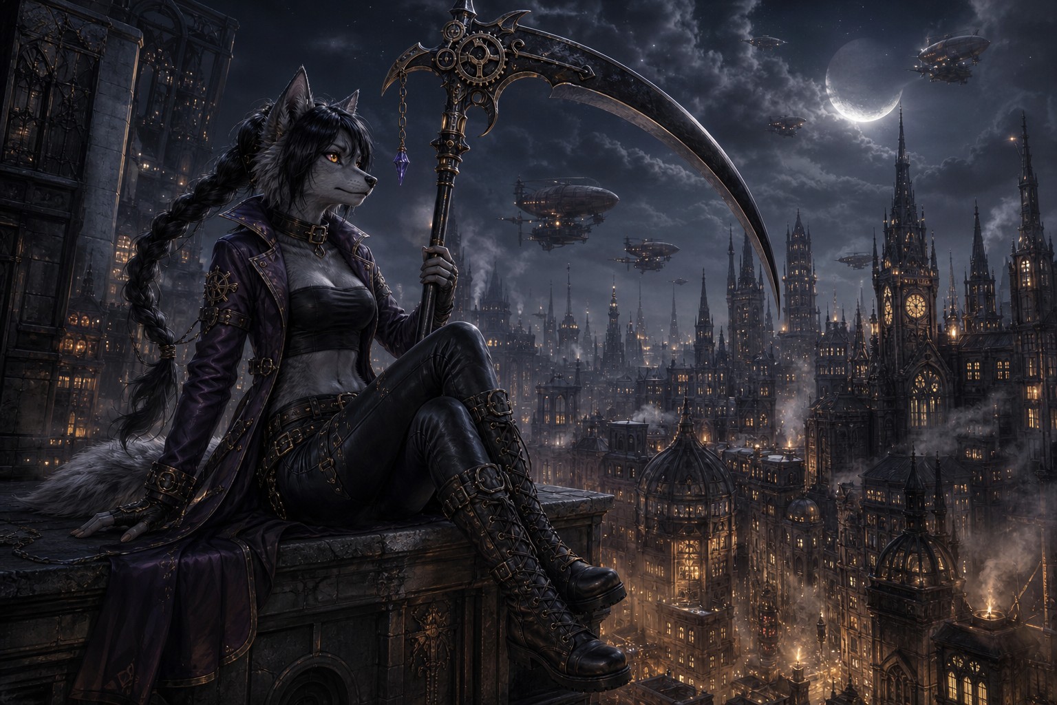 Humanoid, Grey Fur, Black Tube Top, Fingerless Gloves AI Image