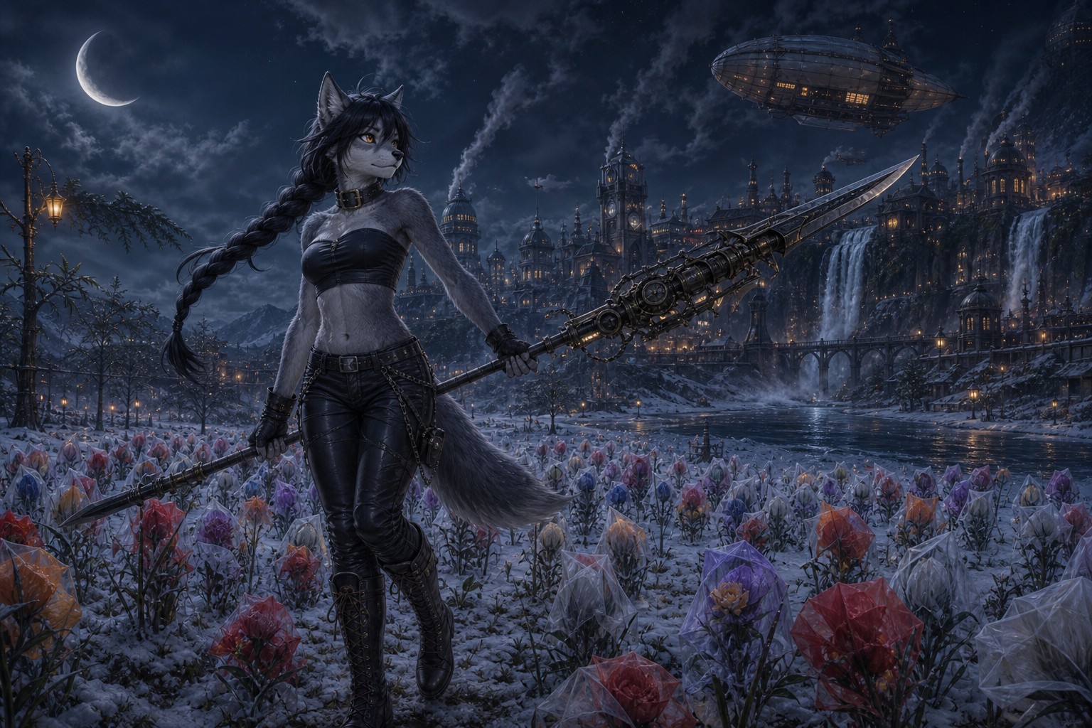 Furry, Amber Eyes, Waning Crescent Moon, Wielding Oversized Fantasy Greatspear AI Image