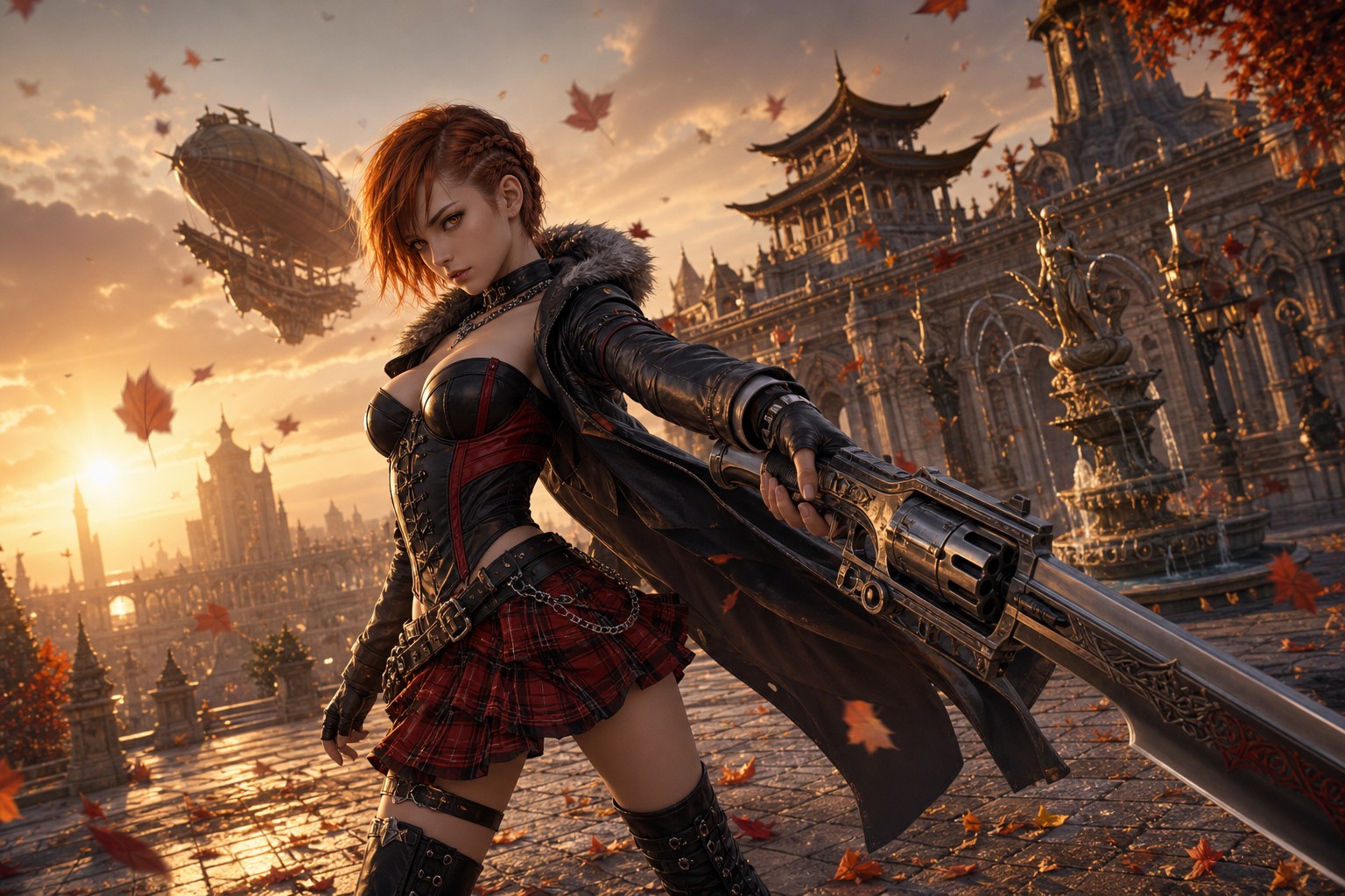 Realism, Thick Leather Collar, Sunset Glow, Red Plaid Miniskirt AI Image
