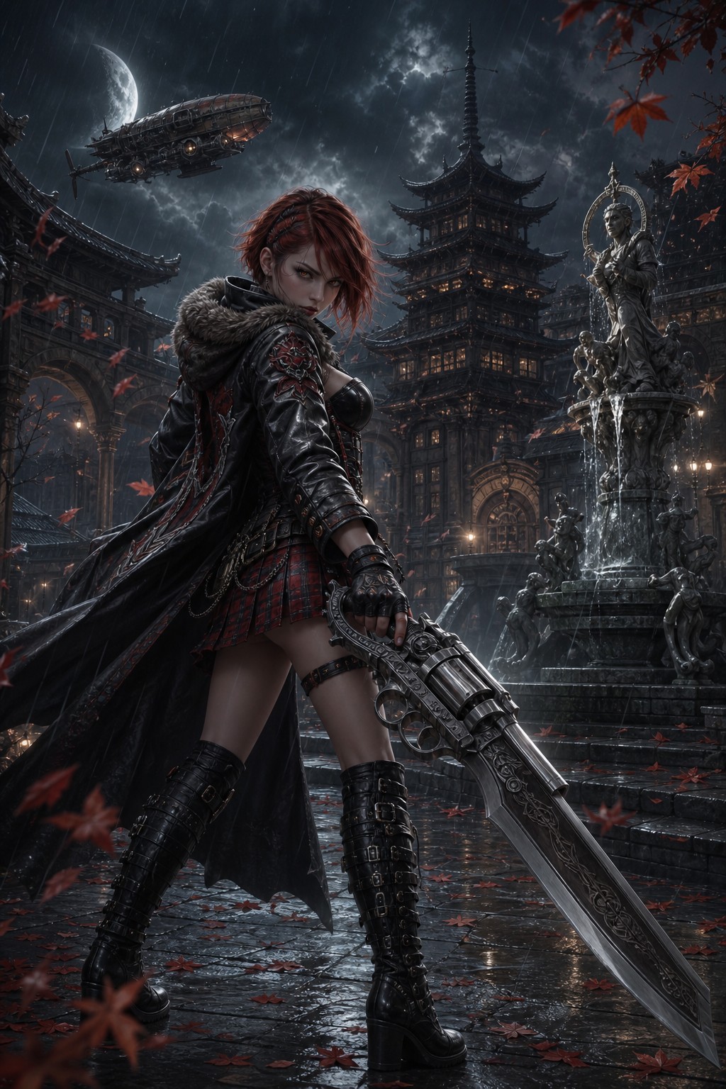 Fingerless Gloves, Amber Eyes, Thick Leather Collar, Elven Fountain AI Image